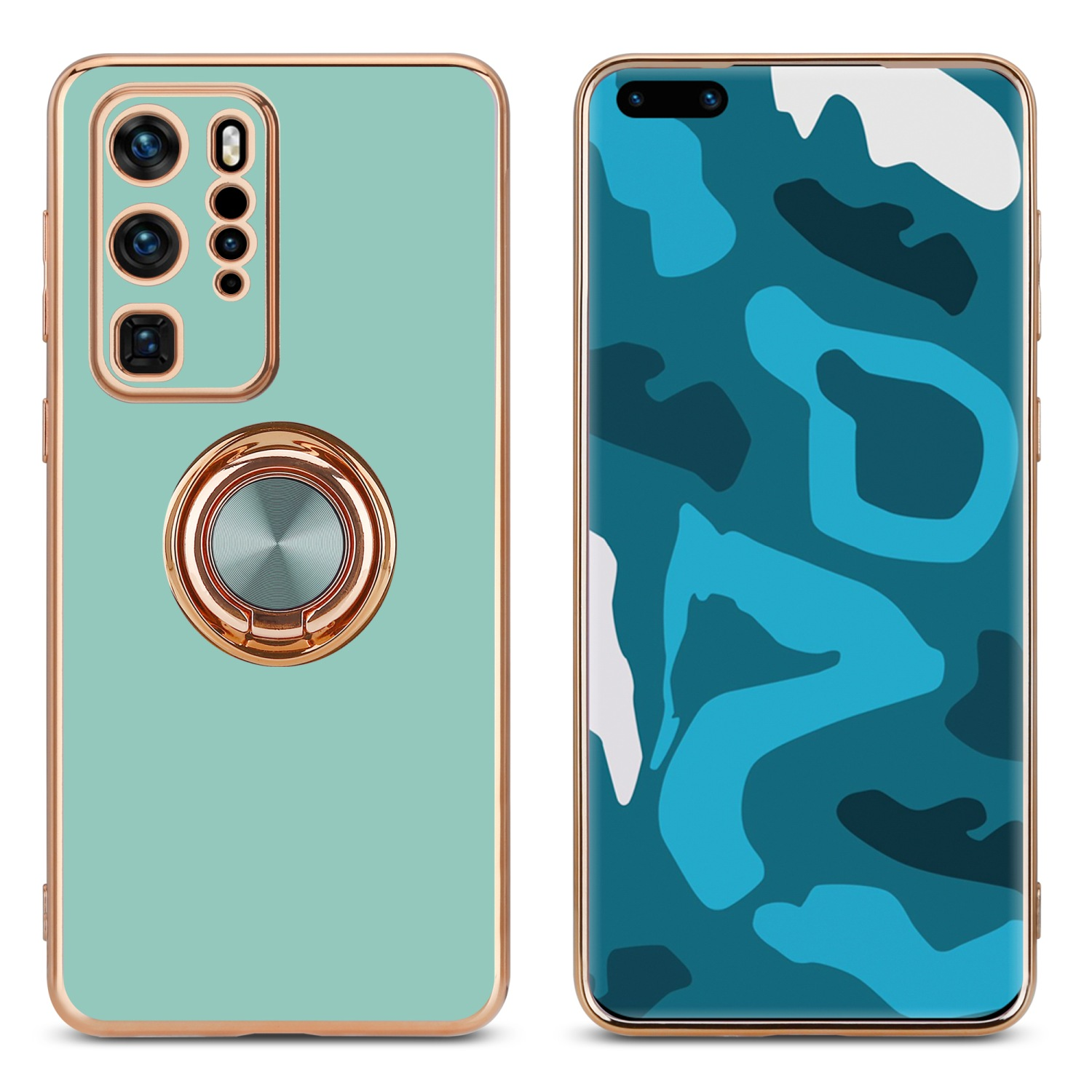 Zwei Handyhüllen. Eine ist mintgrün mit einem goldenen Ring. Die andere hat ein blaues Camouflage-Muster.