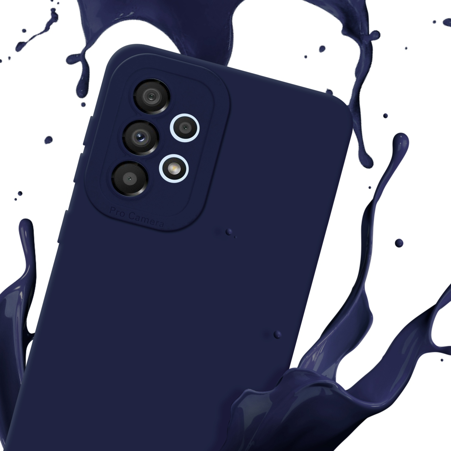Una custodia blu navy con design pro camera e schizzi di vernice blu.