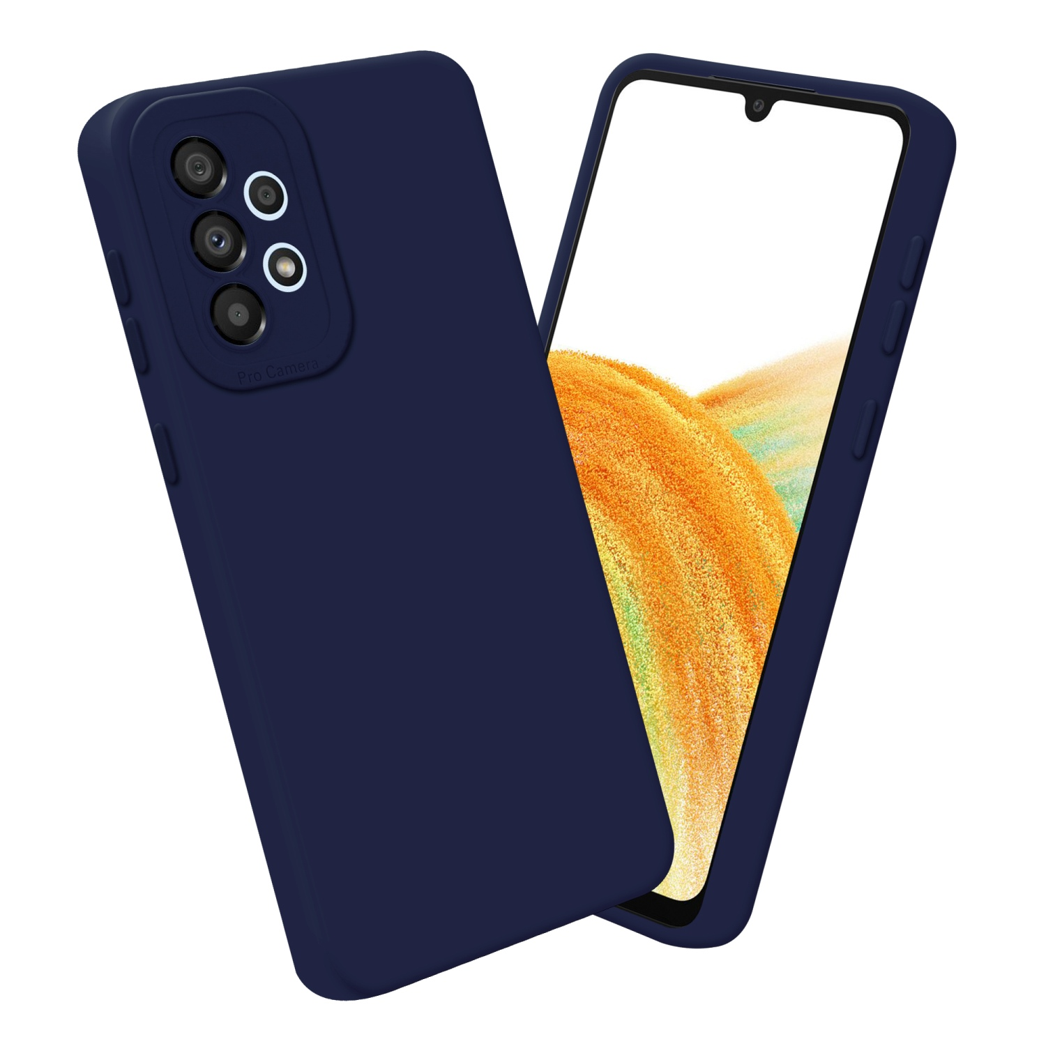 Custodie blu scuro, una con telefono dentro, sfondo bianco.