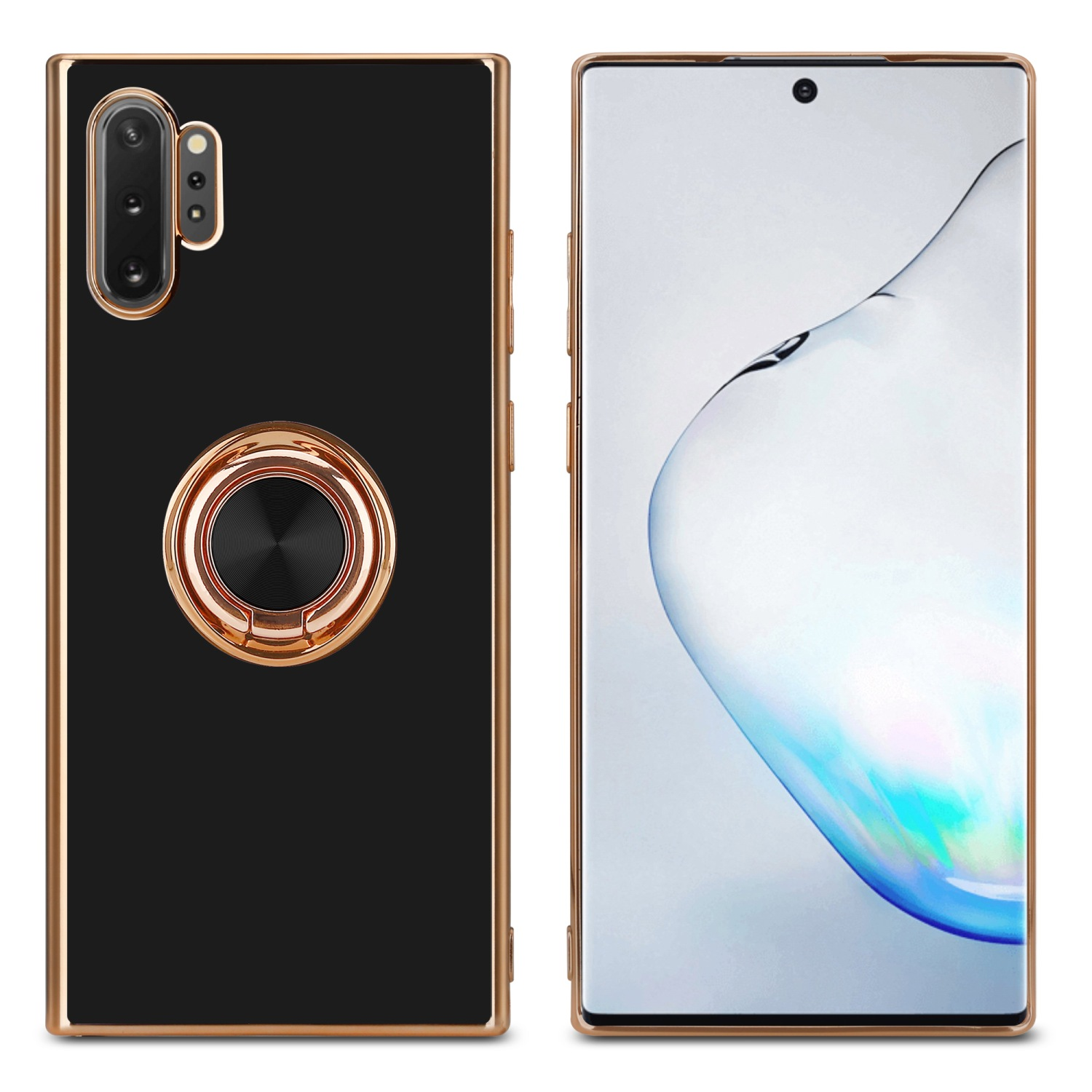 Zwei Telefone mit Goldrändern, eines schwarz, eines mit Startbildschirm.