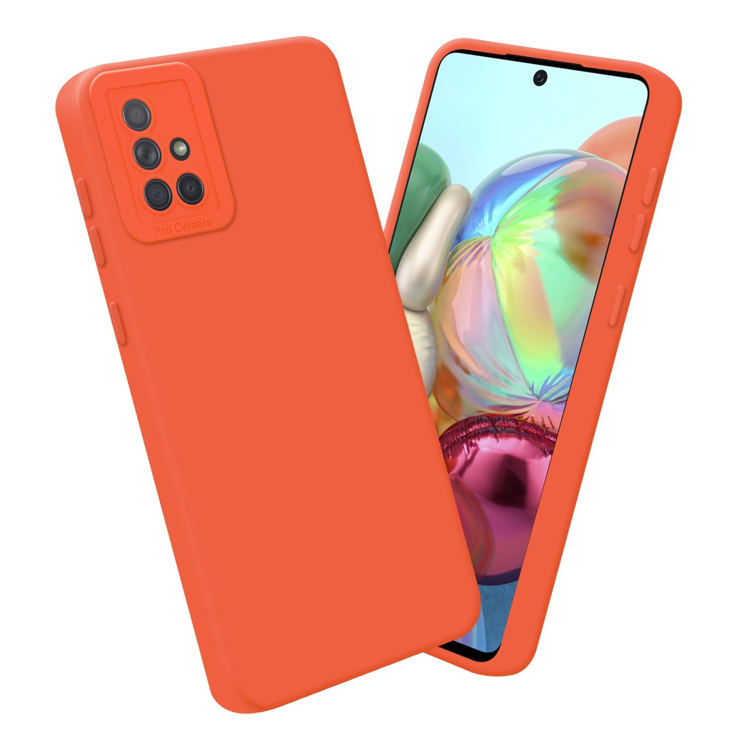 Custodie arancioni per telefono, una con il telefono dentro, l'altra con il modulo fotocamera visibile.