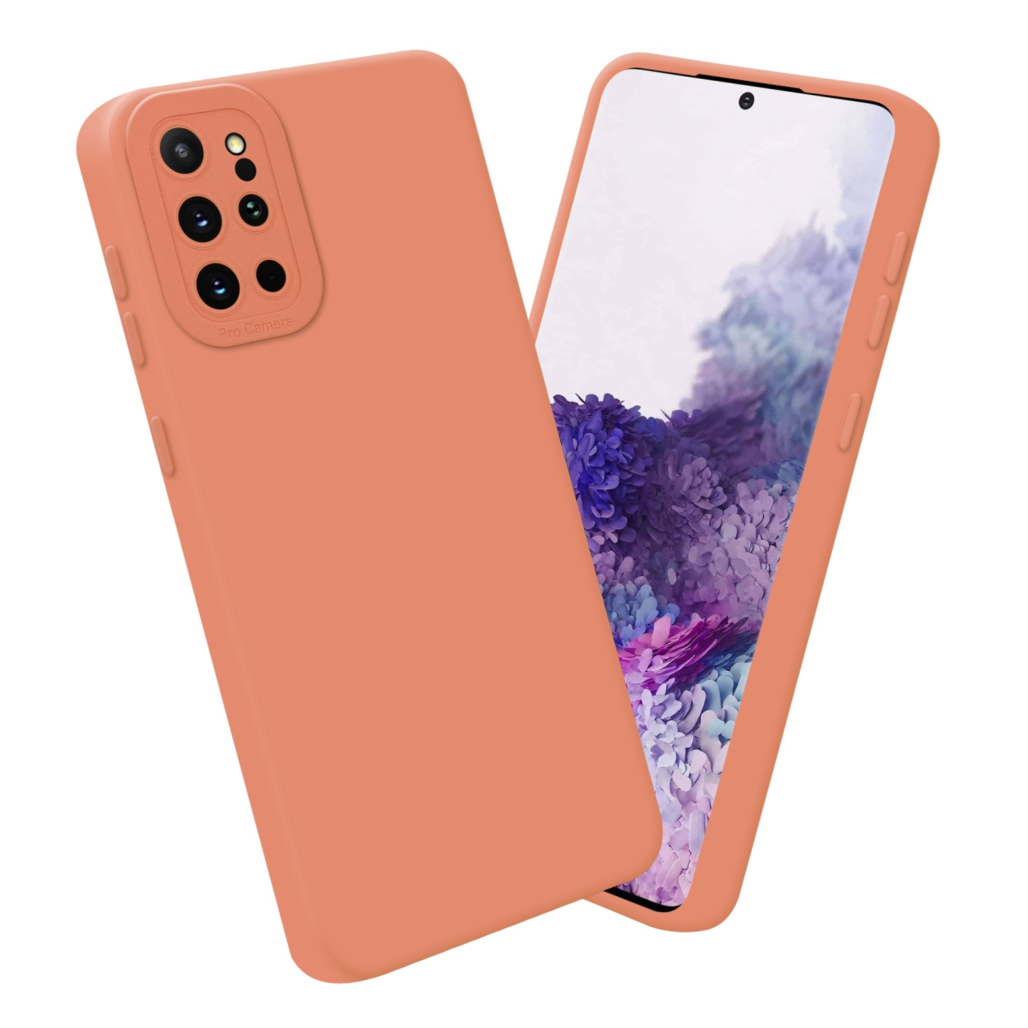 Custodia arancione per telefono con protuberanza della fotocamera. Telefono con schermo nella custodia. Sfondo bianco.