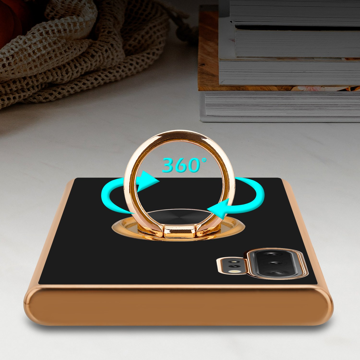 Telefon in einer Hülle mit Ringständer, mit 360-Grad-Drehsymbol.