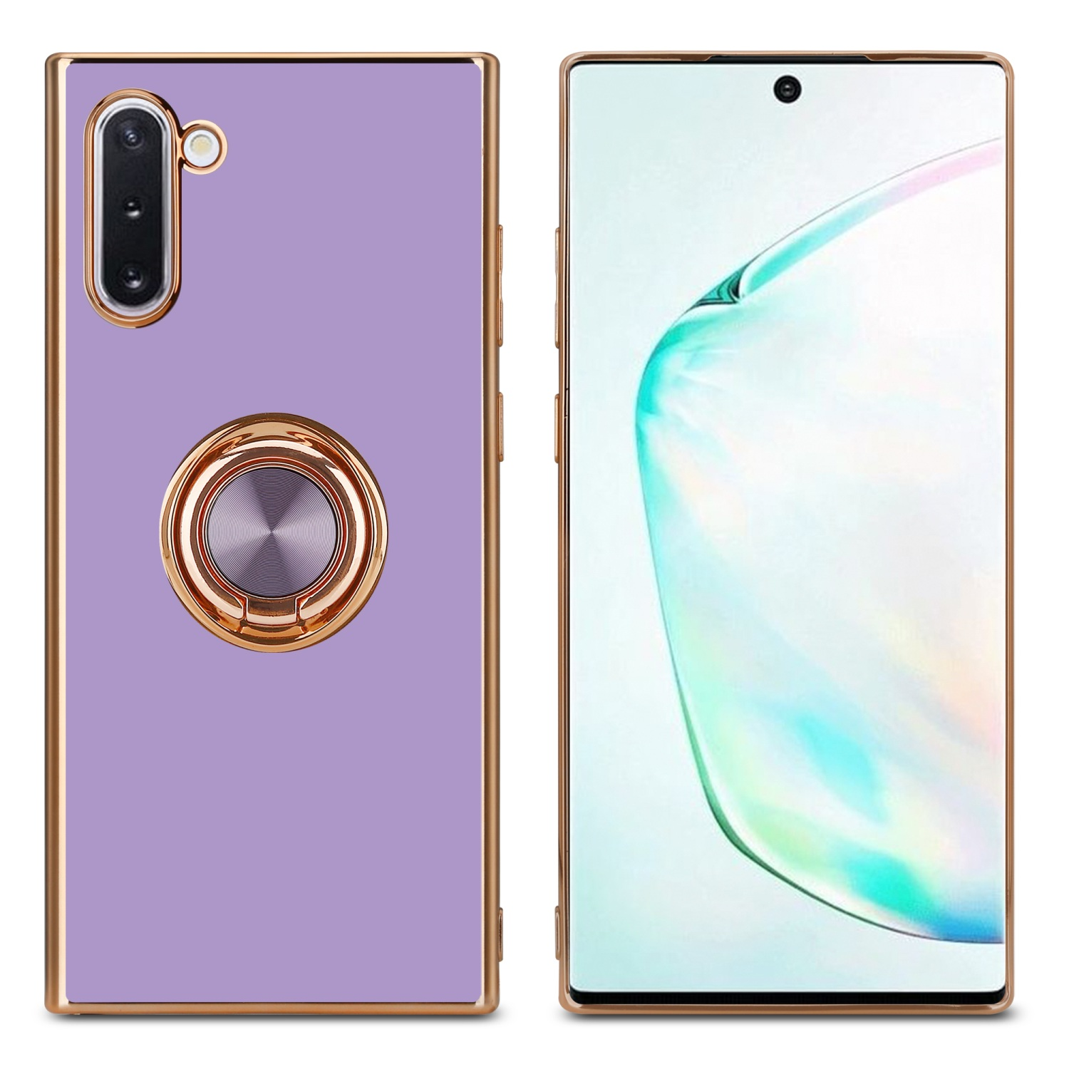 Due telefoni affiancati. Entrambi sono viola, uno ha un anello d'oro, l'altro mostra uno schermo.