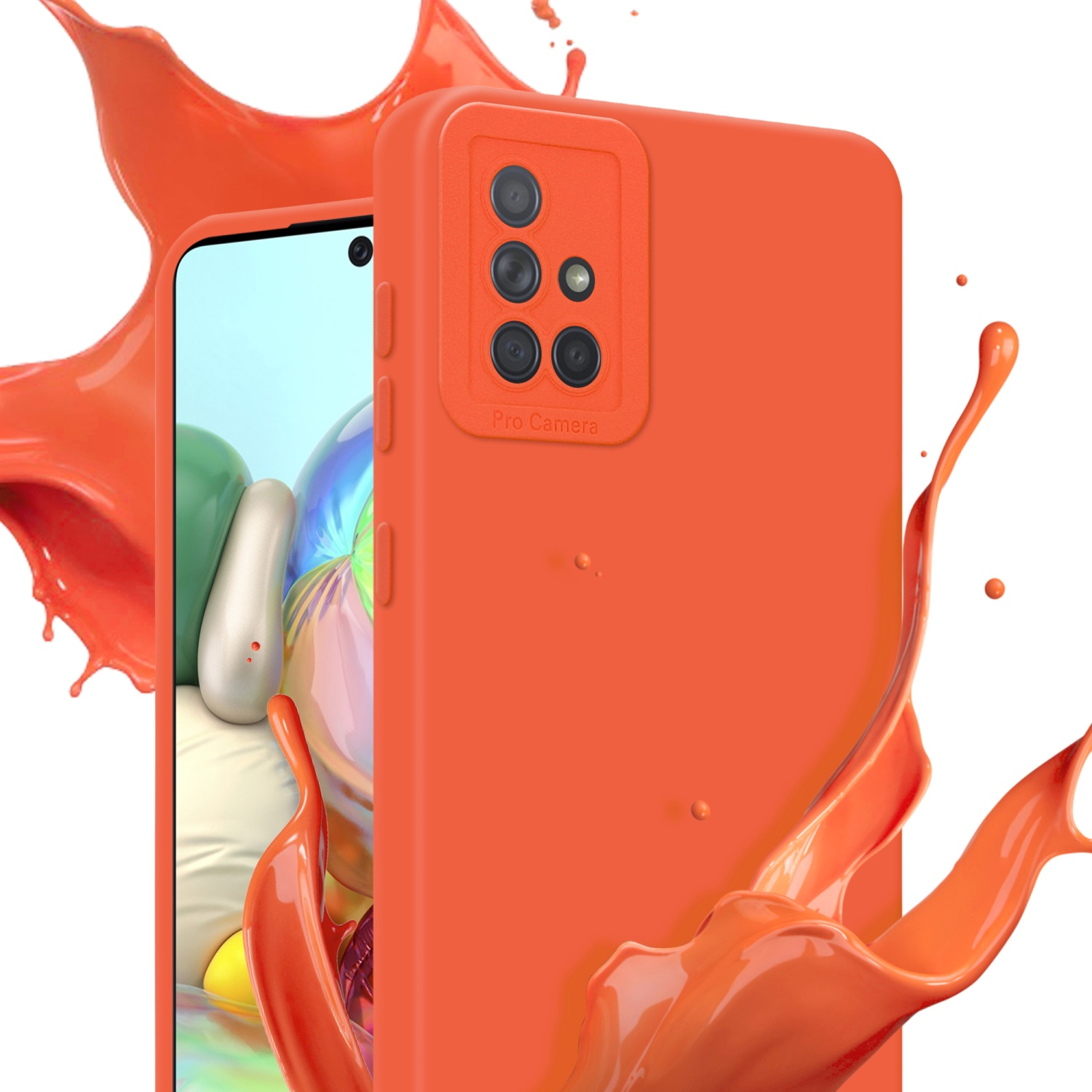 Custodia arancione per telefono con schizzi. Sfondo bianco.