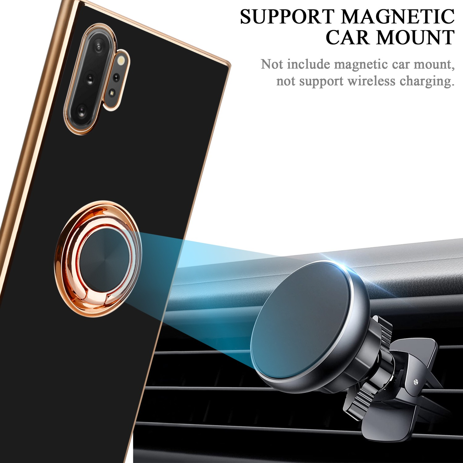 Schwarze Handyhülle mit goldenem Ring. Eine magnetische Autohalterung im Hintergrund.