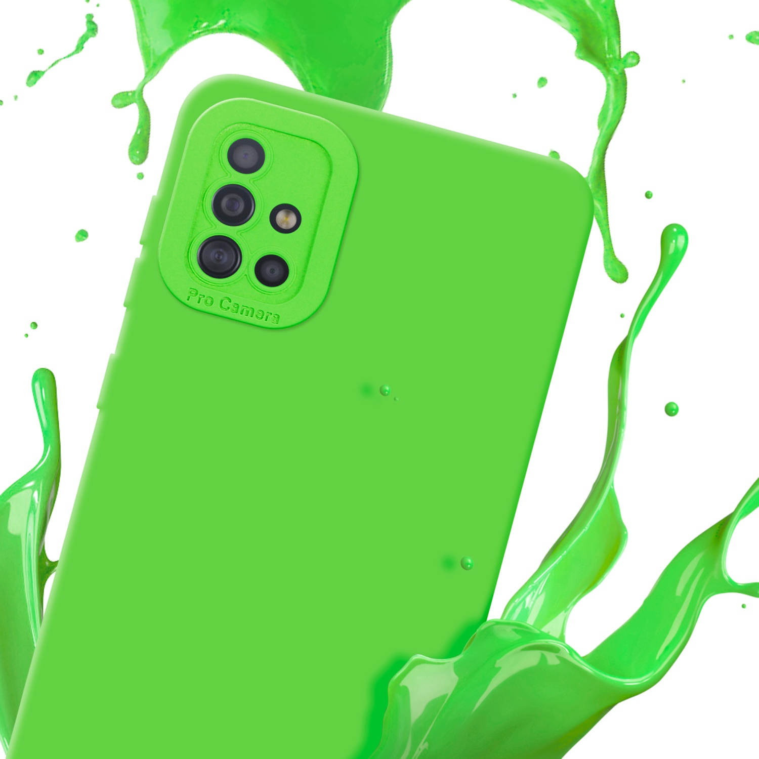 Une coque de téléphone verte avec des éclaboussures de peinture, isolée sur fond blanc.
