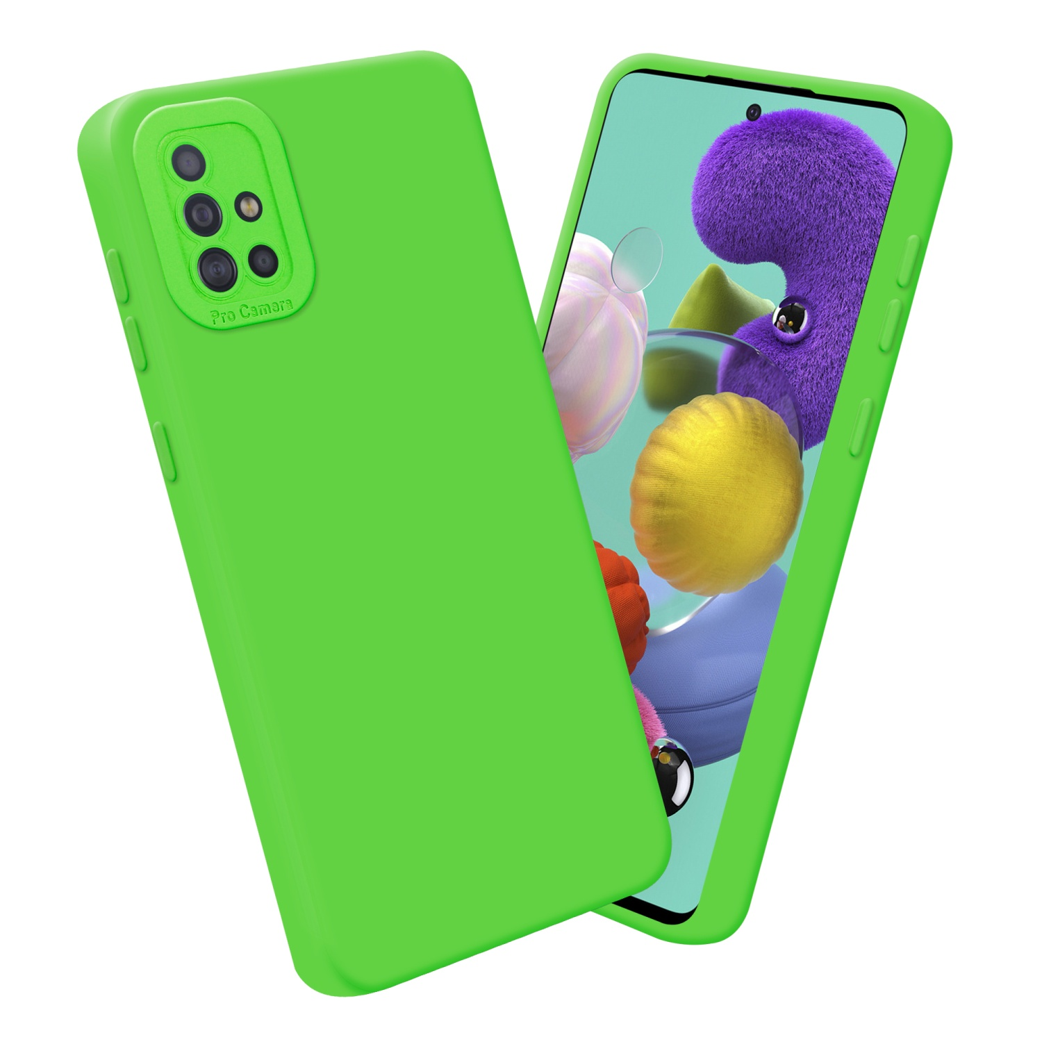 Deux coques vertes. Une affichant un écran avec un design violet.
