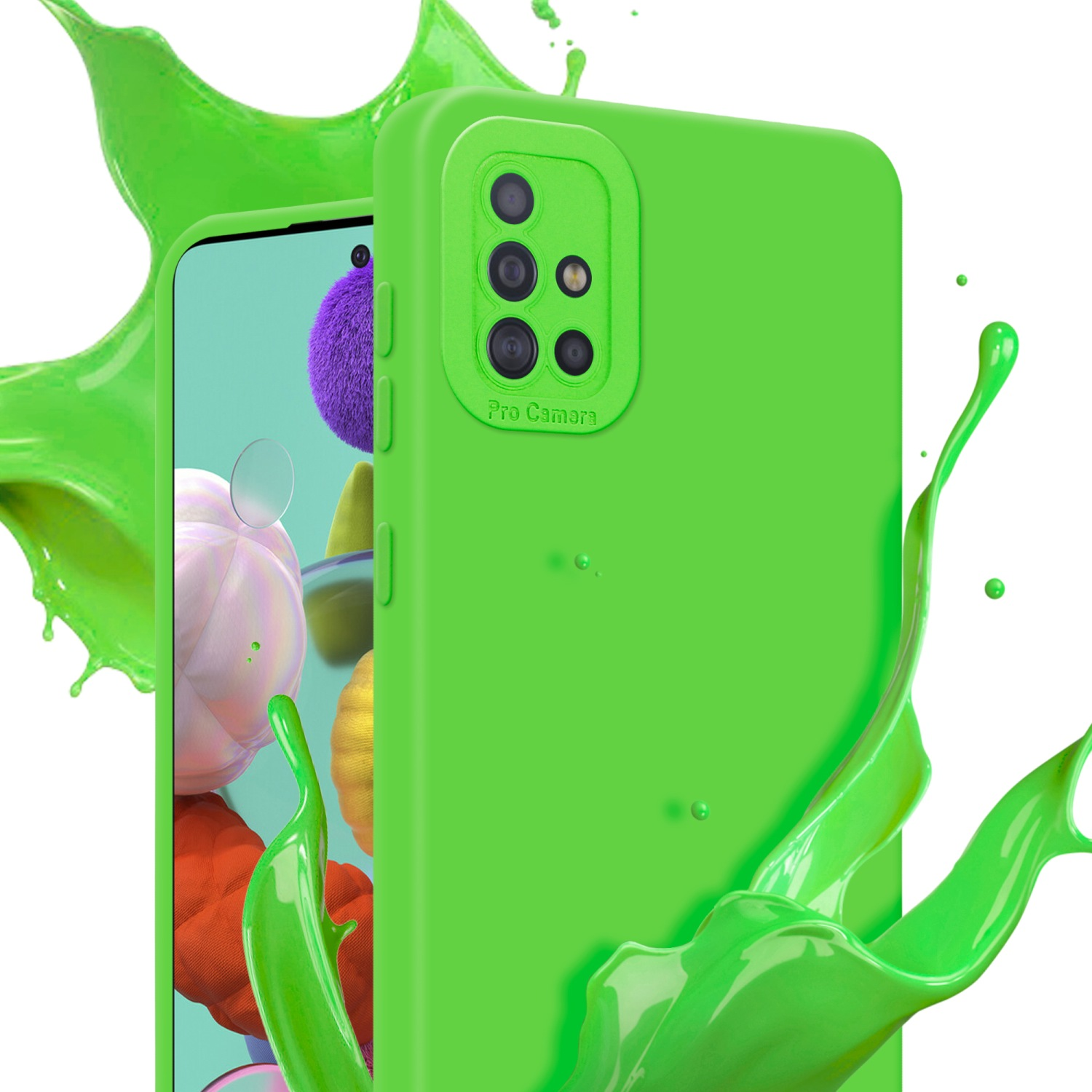 Coque de téléphone verte avec un smartphone à l'intérieur. Effet d'éclaboussure vert. Étiquette Pro caméra.