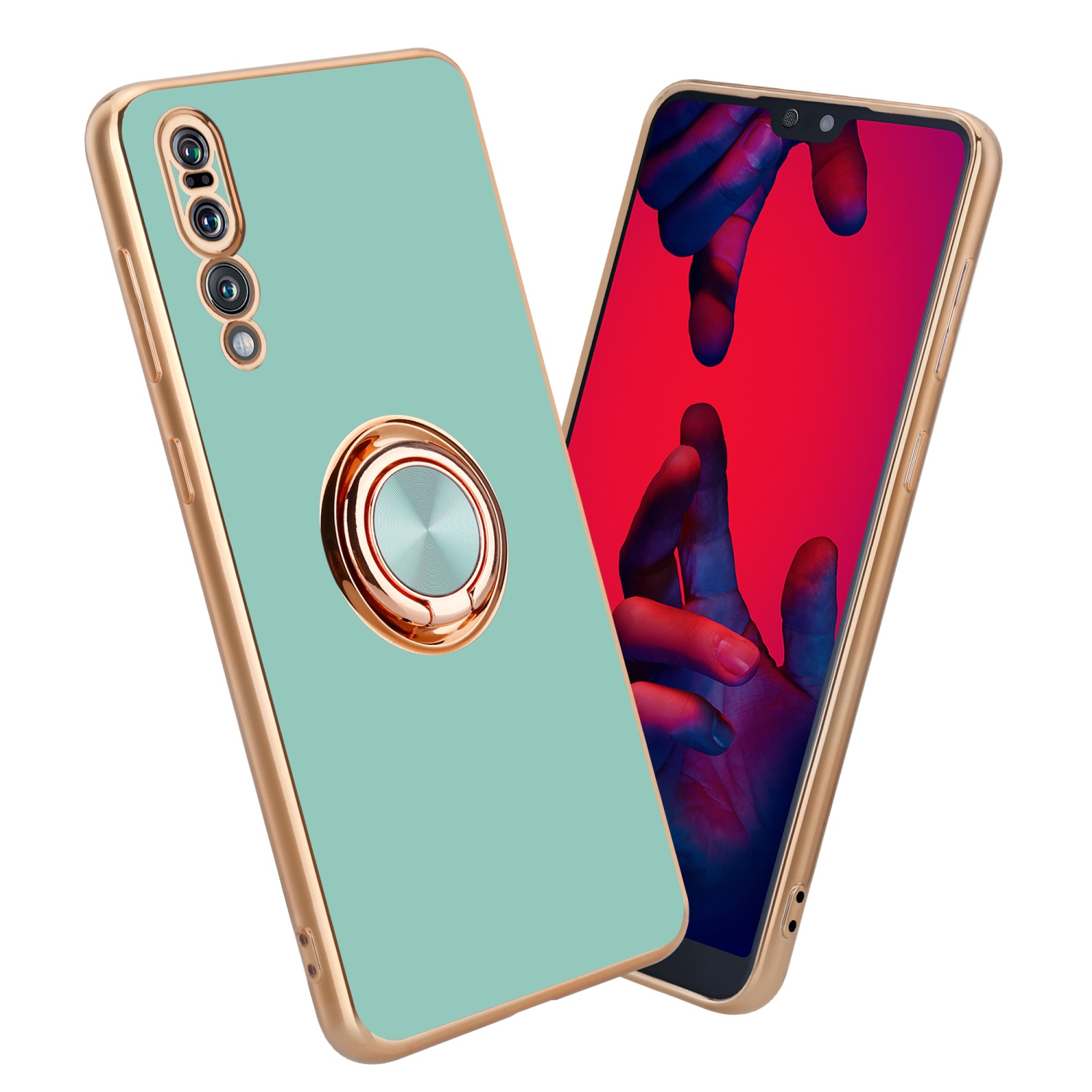 Custodia per telefono verde menta con anello e rifiniture dorate, e un telefono all'interno.