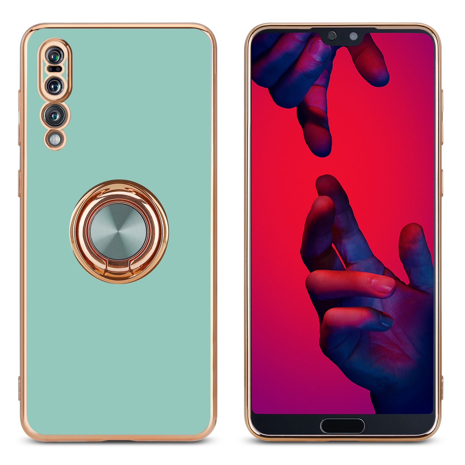 Minzgrüne Handyhülle mit goldenem Ringhalter. Das Telefon liegt auf einem Tisch.