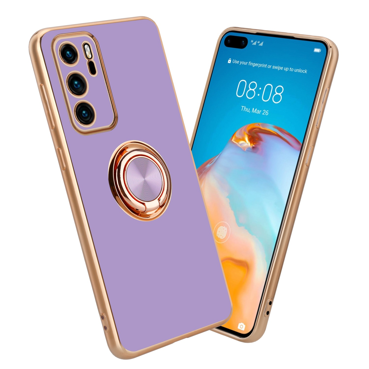 Cadorabo Funda Compatible Con Huawei P40 En Morado - ROJO - Funda Protectora Bicolor De Silicona TPU Y Parte Trasera De Vidrio Templado