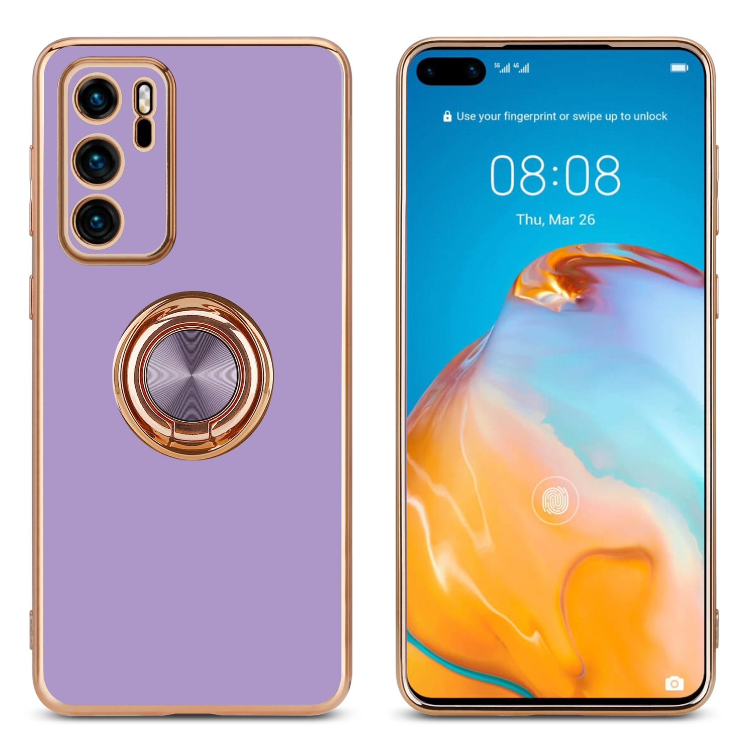 Zwei Telefone, eines mit lila Hülle und Ringhalter, das andere mit eingeschaltetem Bildschirm.