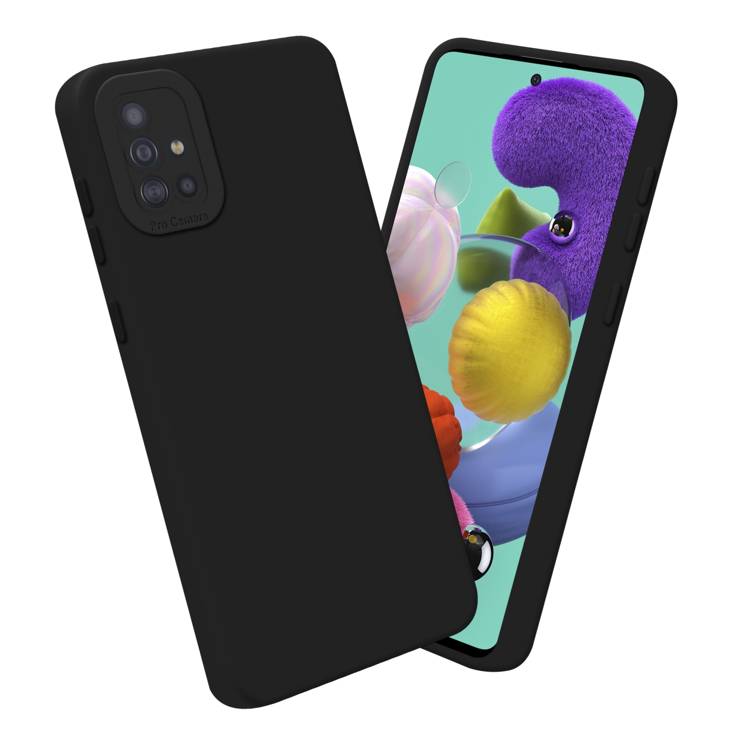 Due custodie nere per telefono, una con lo schermo visibile. Lo schermo del telefono ha uno sfondo colorato.
