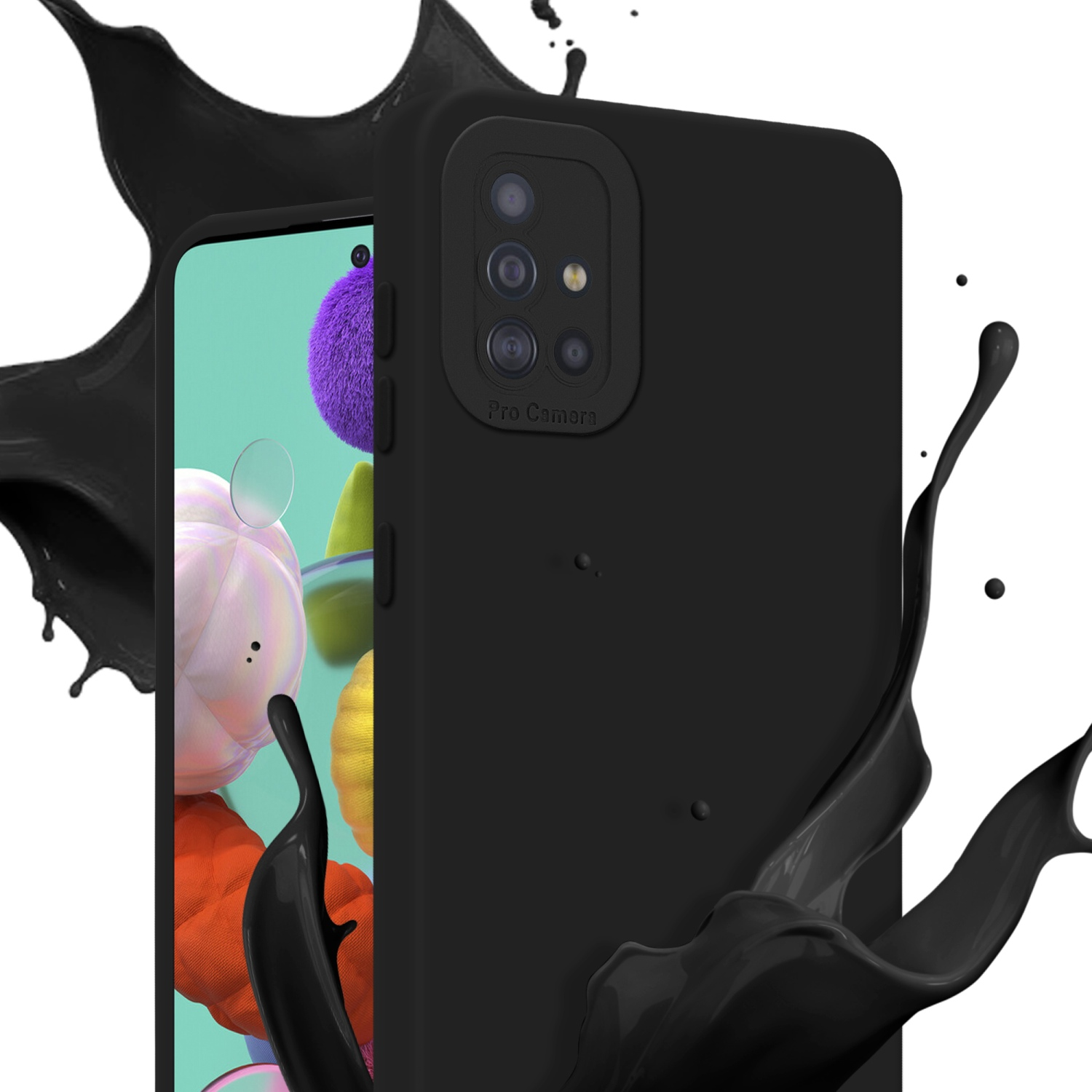 Una custodia nera con schizzi di liquido nero. Il telefono mostra i dettagli della fotocamera.