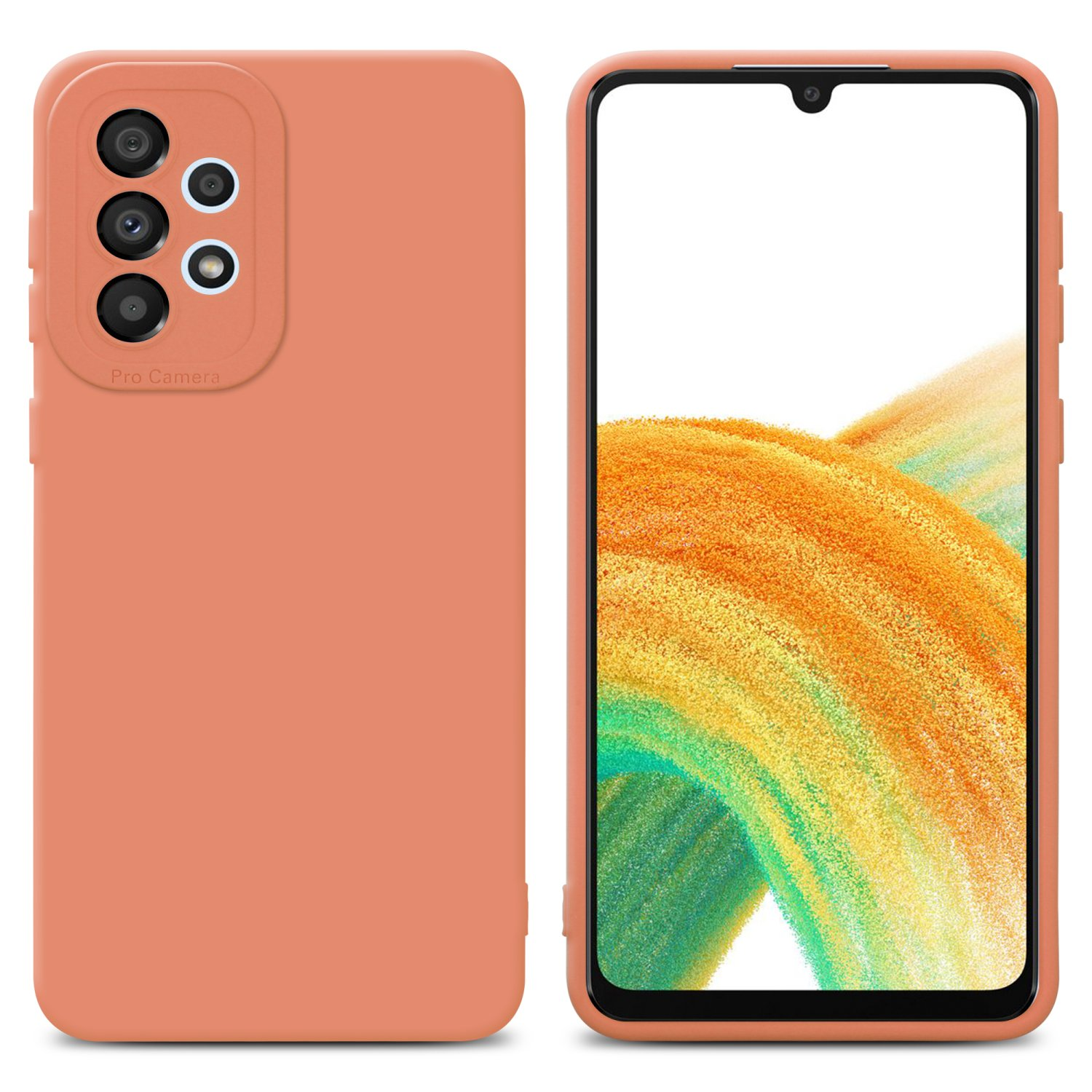 Custodia arancione con più obiettivi e schermo del telefono con interfaccia.