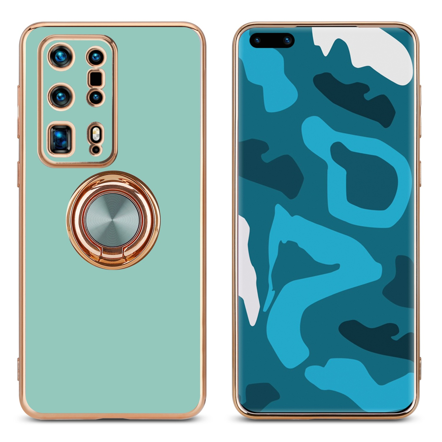 Mintgrüne Handyhülle mit Goldring und blauem Camouflage-Hintergrund auf dem Telefonbildschirm.
