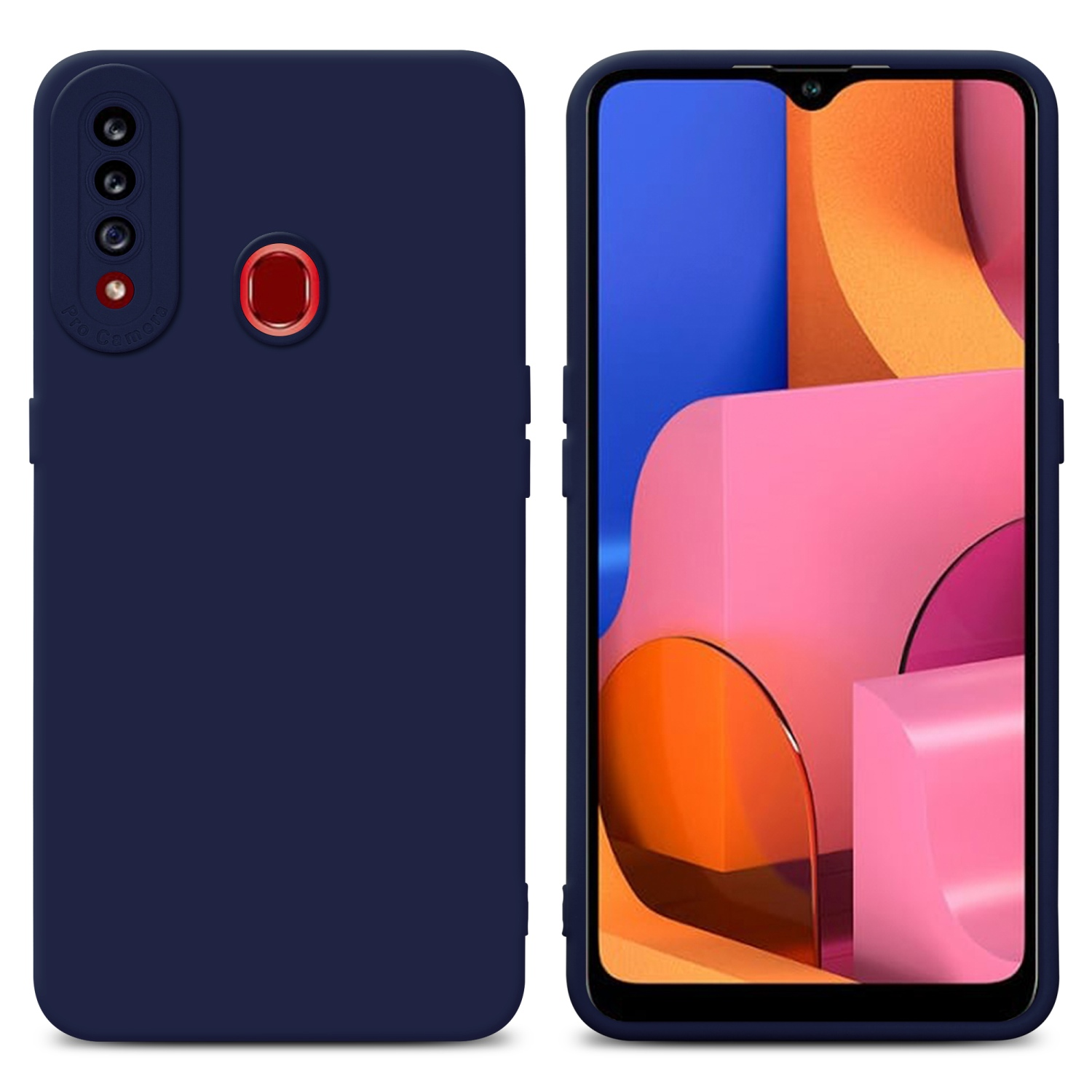 Custodia blu navy accanto a un telefono che mostra uno sfondo astratto rosa e arancione.