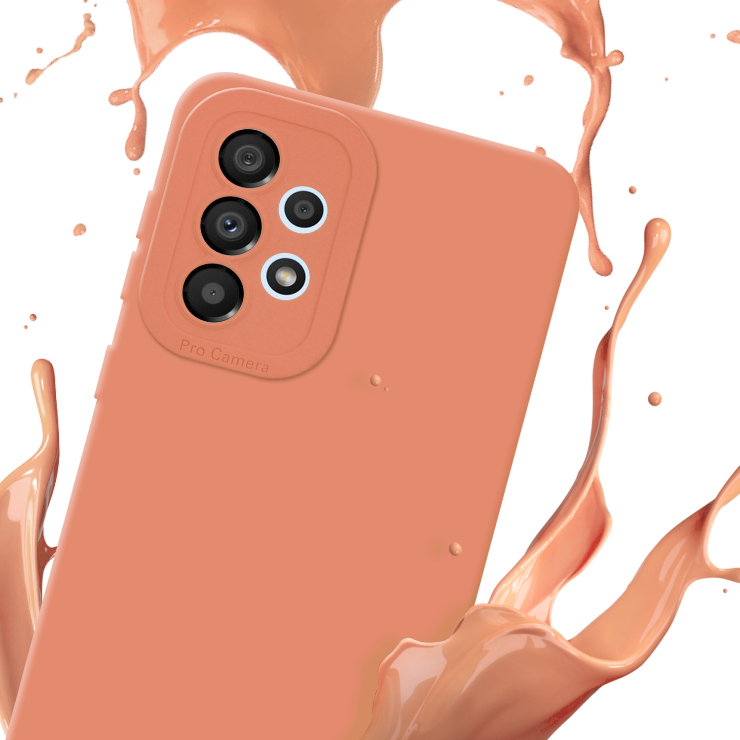 Custodia color pesca con più fotocamere e schizzi. Il telefono è su sfondo bianco.
