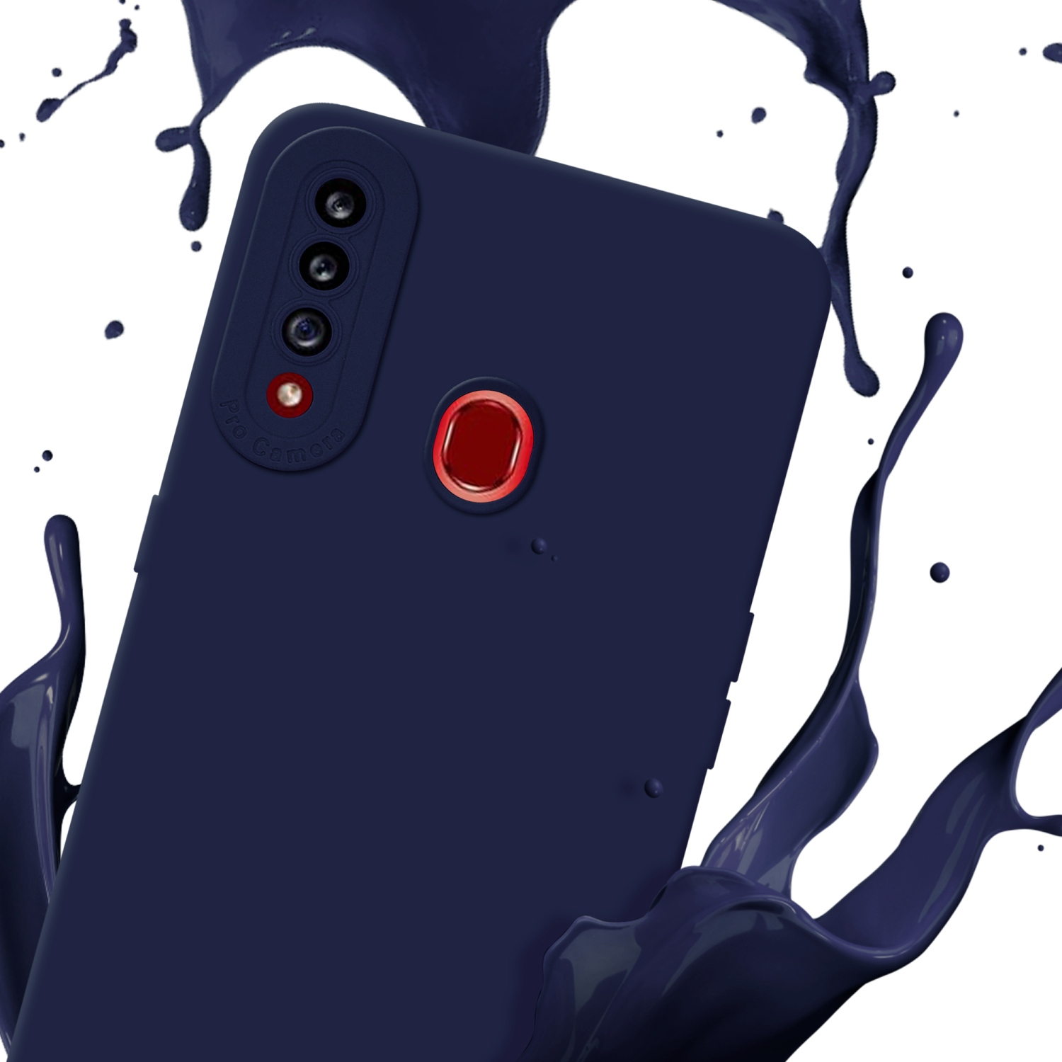 Una custodia per telefono blu navy. Vernice nera che schizza sullo sfondo.
