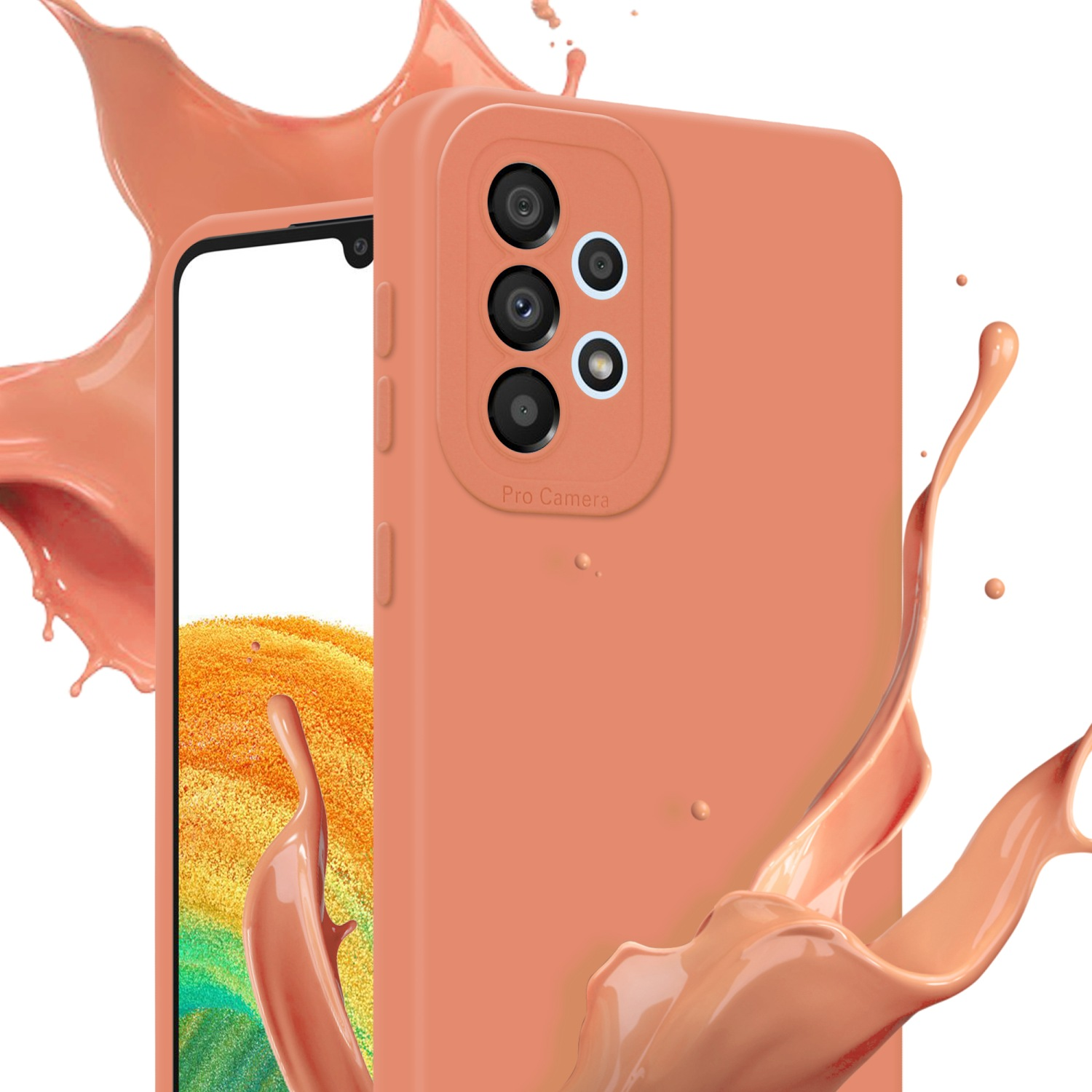 Custodia arancione per telefono con modulo fotocamera, spruzzo di vernice arancione e schermo del telefono.