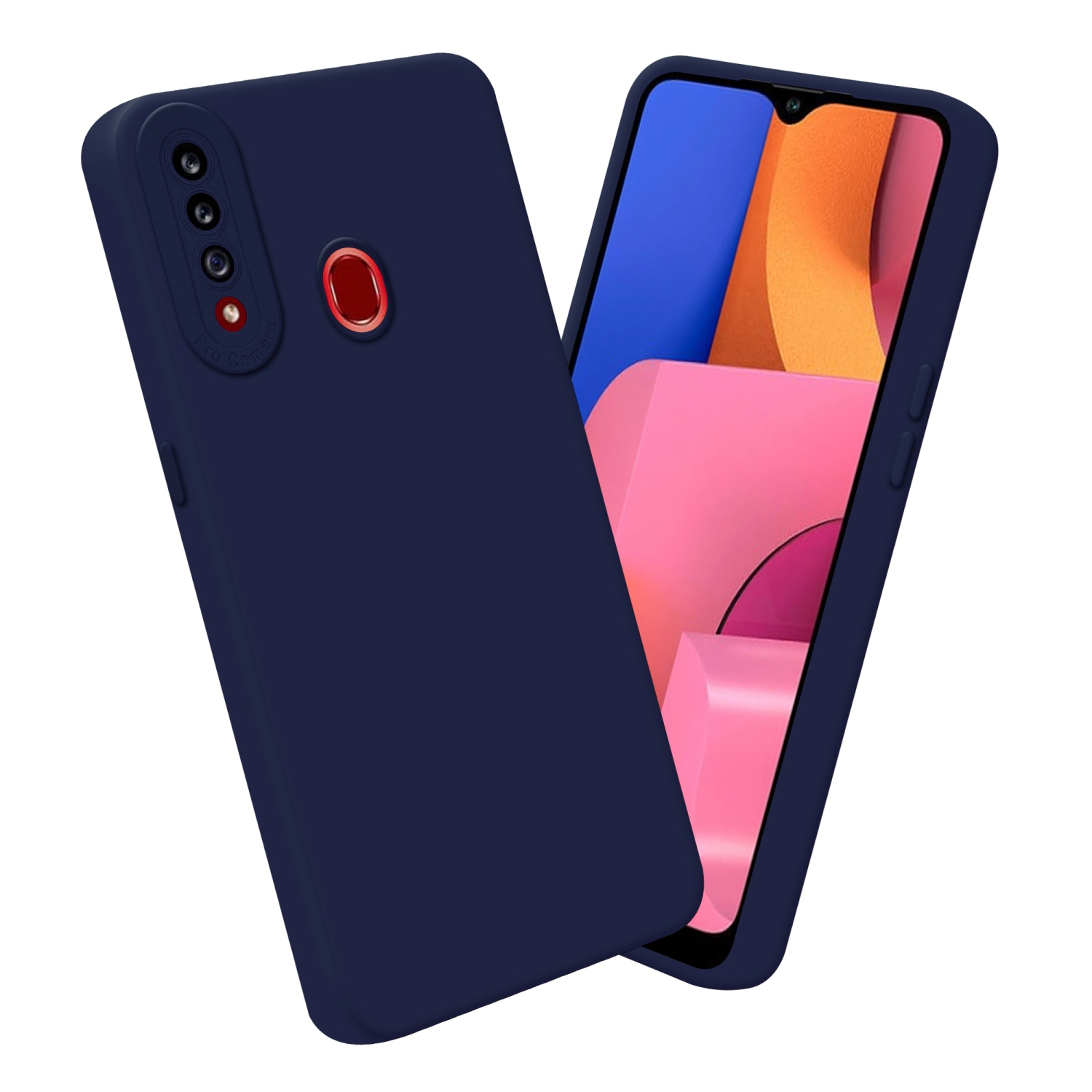 Custodia blu navy, con un telefono che mostra le icone delle app.