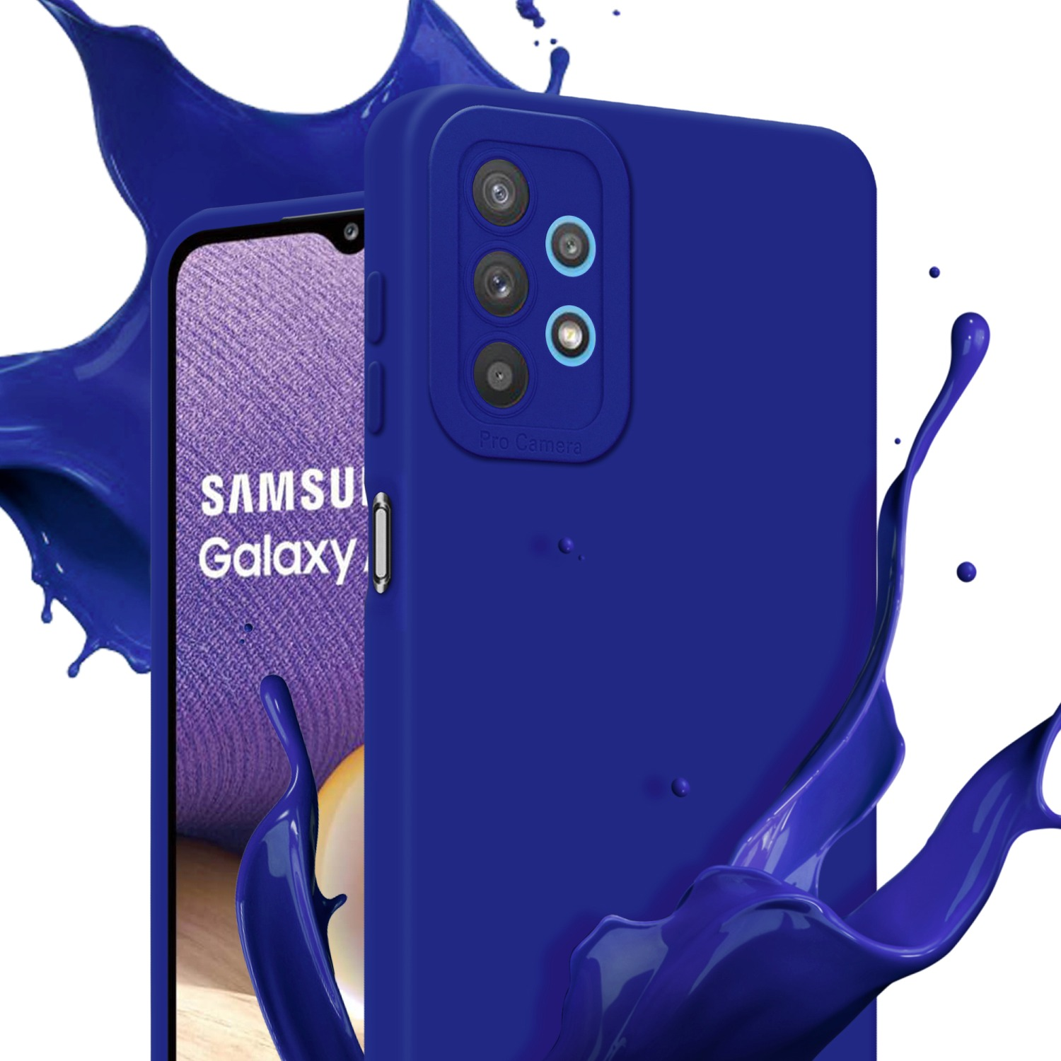 Custodia blu con schermo del telefono. Schizzo di liquido blu attorno al telefono.