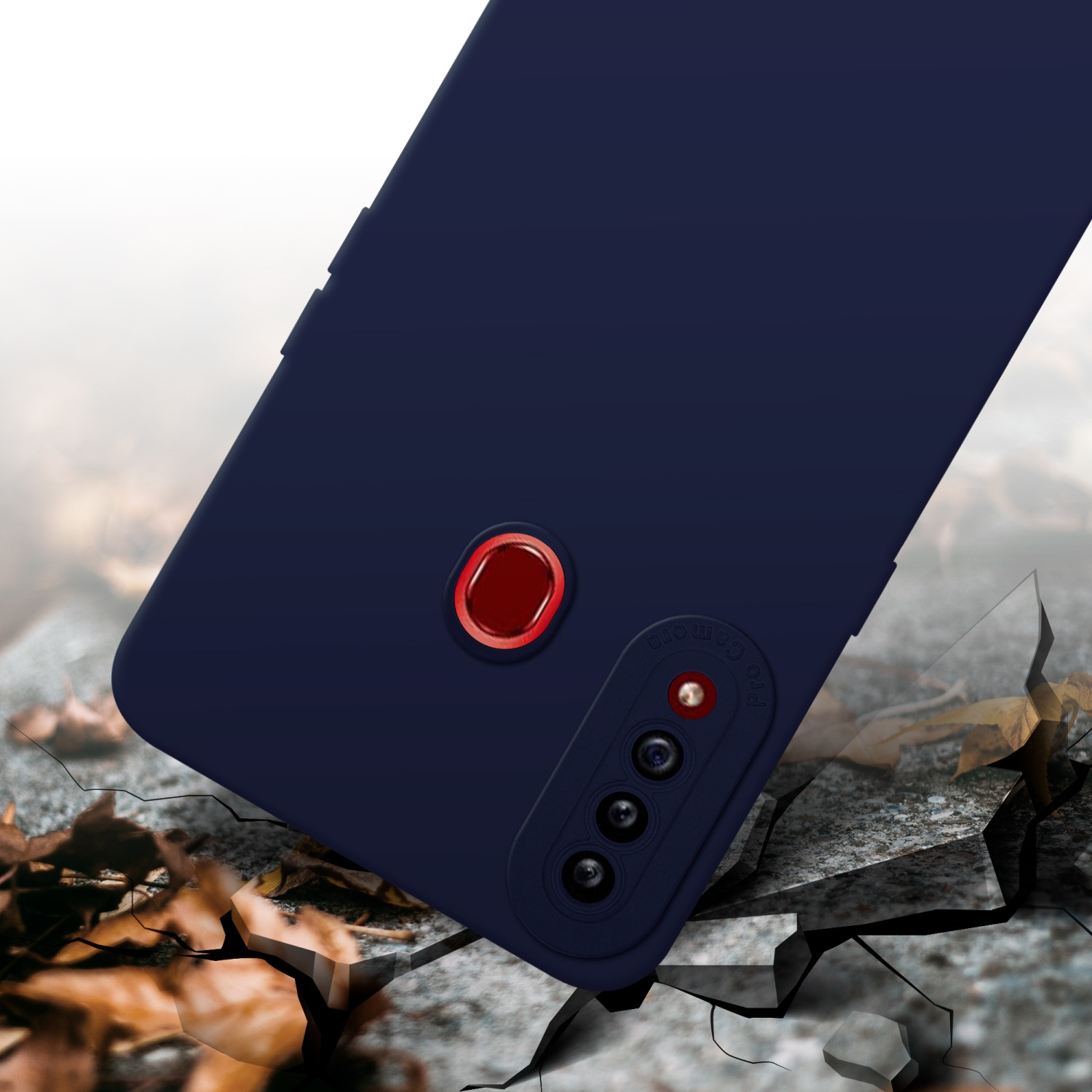 Una custodia per telefono blu scuro su una superficie crepata, con un cerchio rosso e una fotocamera del telefono.