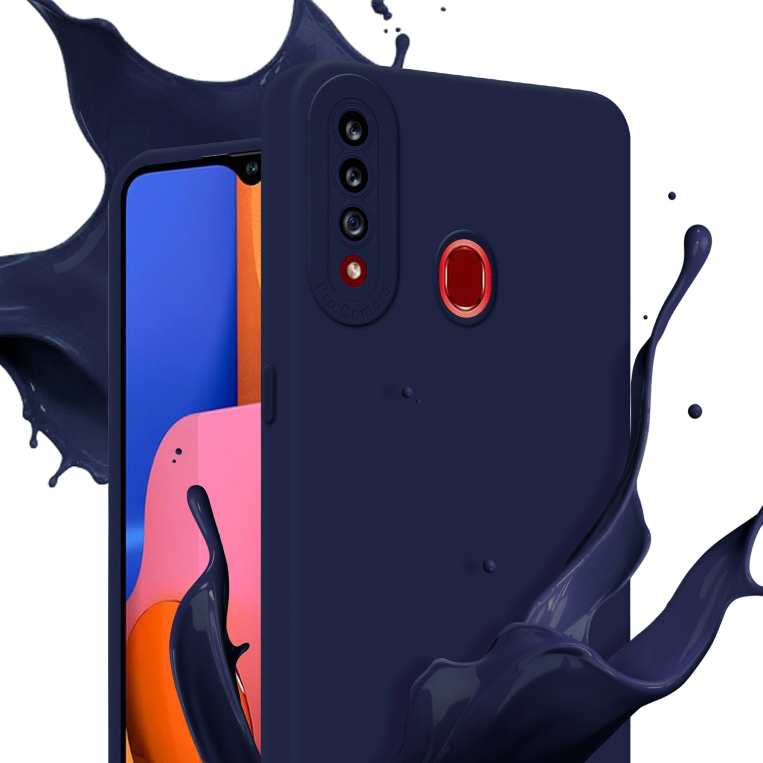 Una custodia per telefono blu navy con un telefono all'interno. Una spruzzata di vernice blu scuro vicino al telefono.