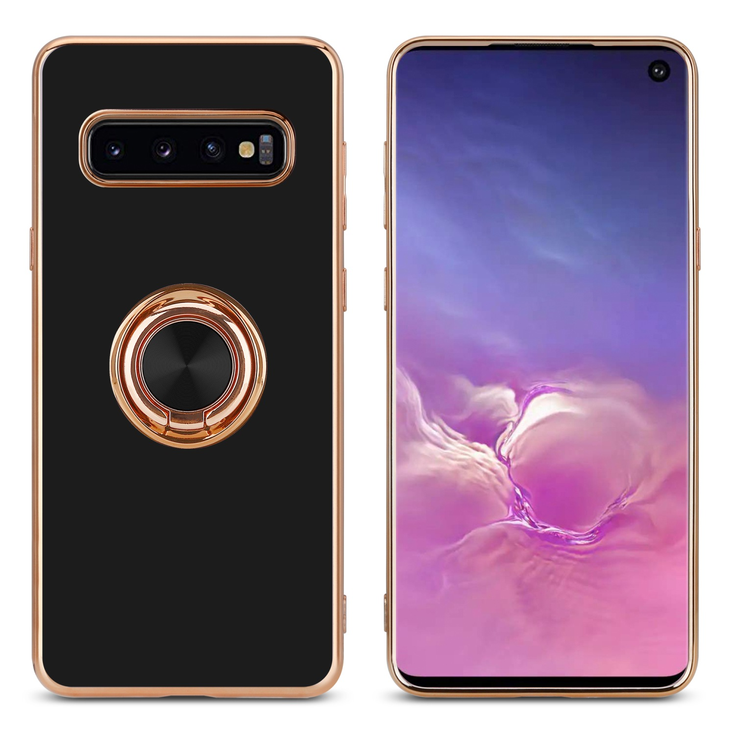 Custodia nera con telefono, supporto ad anello e cornice color oro.