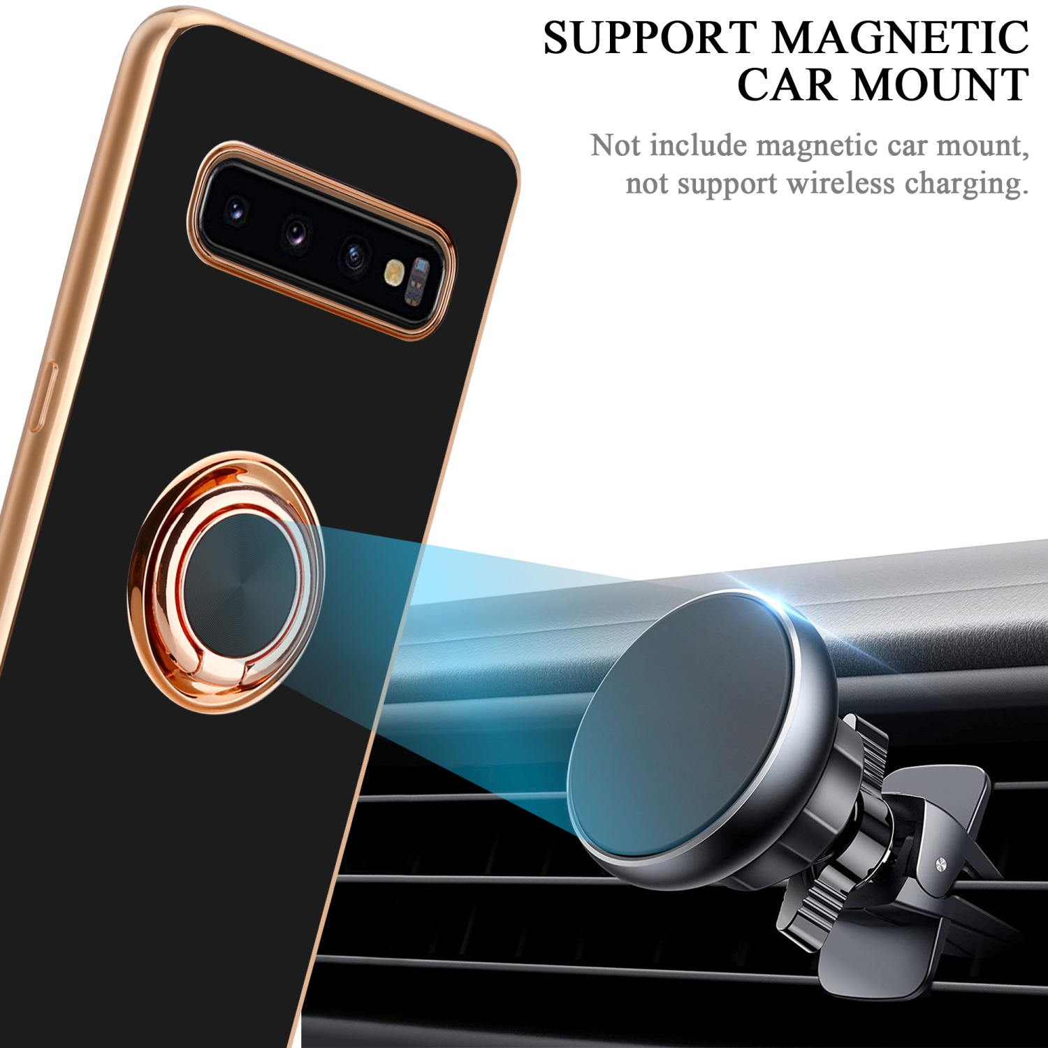 Custodia per telefono nera e oro con supporto ad anello in auto, supporta il supporto magnetico.