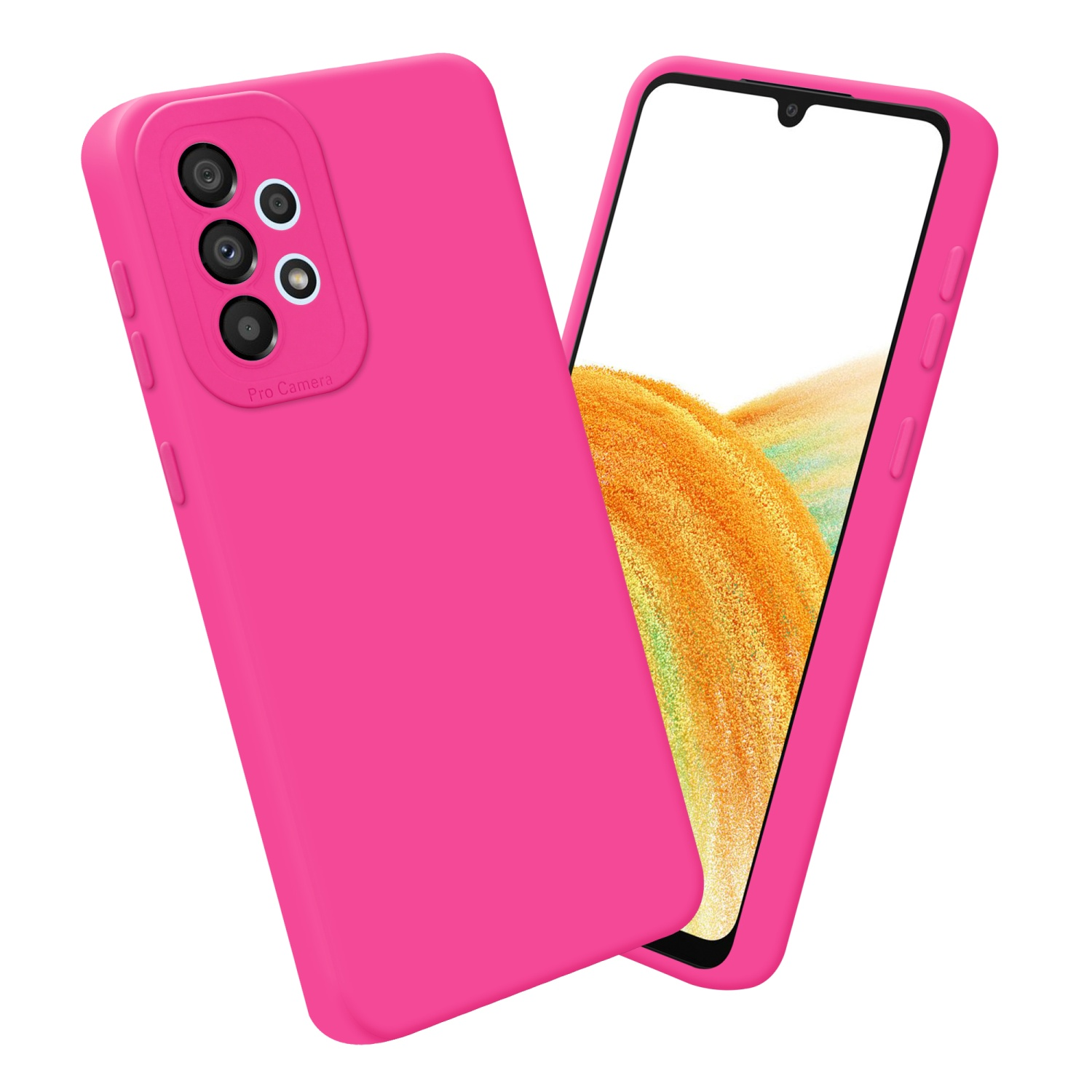 Custodia rosa con più obiettivi e schermo del telefono con interfaccia.