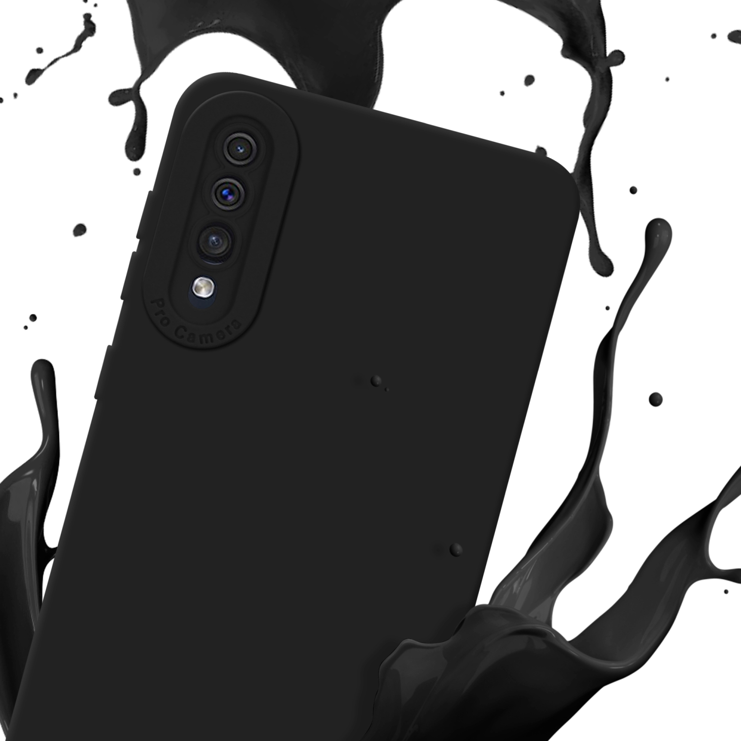 Coque de téléphone noire avec un téléphone à l'intérieur. Des éclaboussures de peinture noire autour de la coque.
