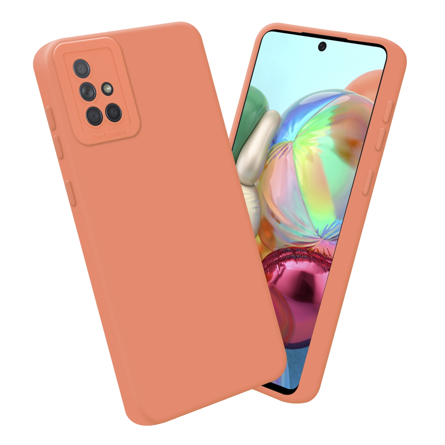 Un téléphone avec une coque qui a une bosse pour l'appareil photo. La coque est de couleur corail.