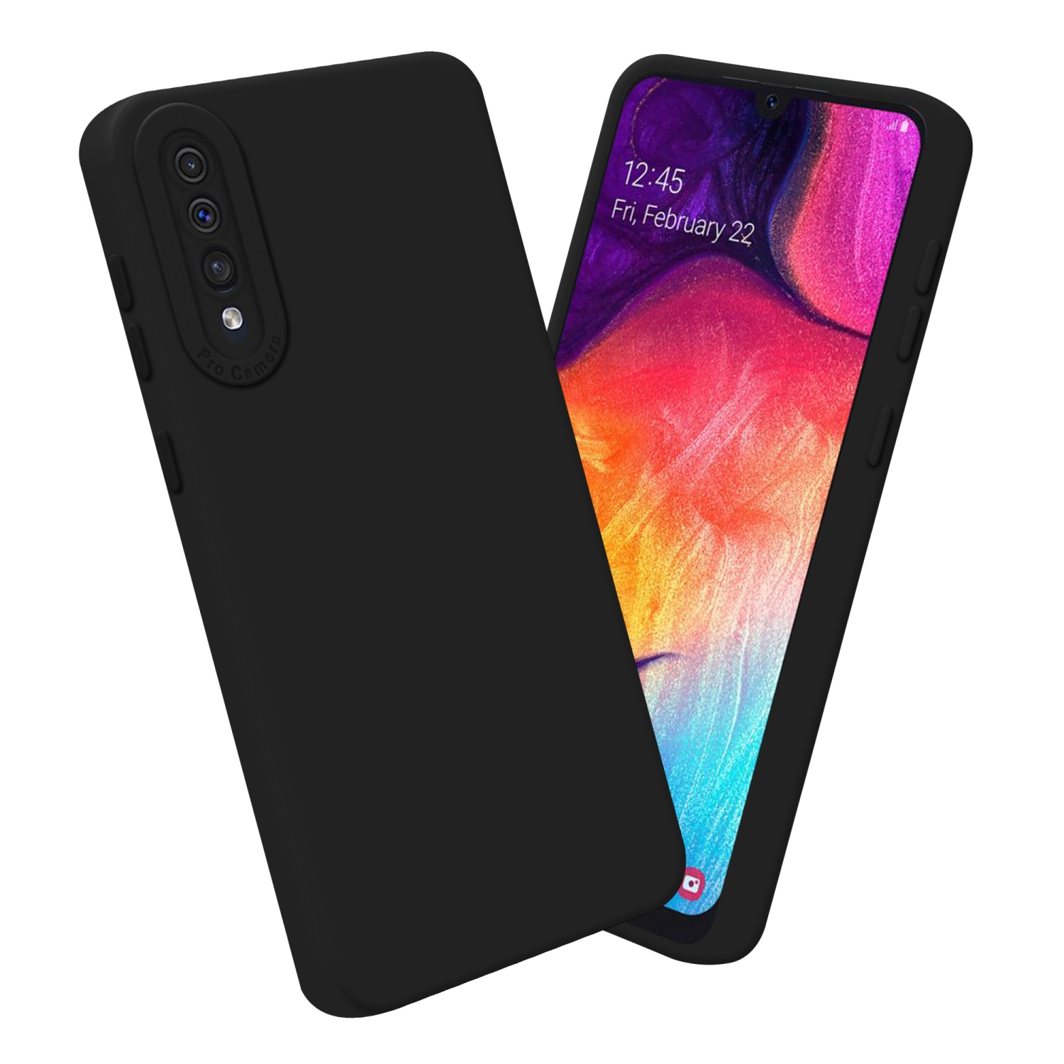 Coque de téléphone noire avec un téléphone à l'intérieur. Module caméra pro visible.