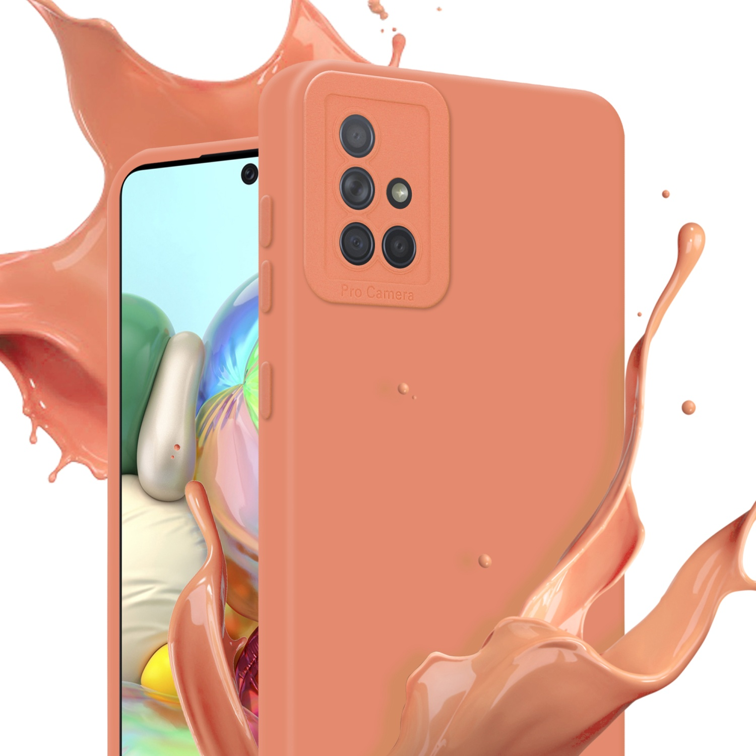 Une coque orange avec écran de téléphone et éclaboussures de peinture.