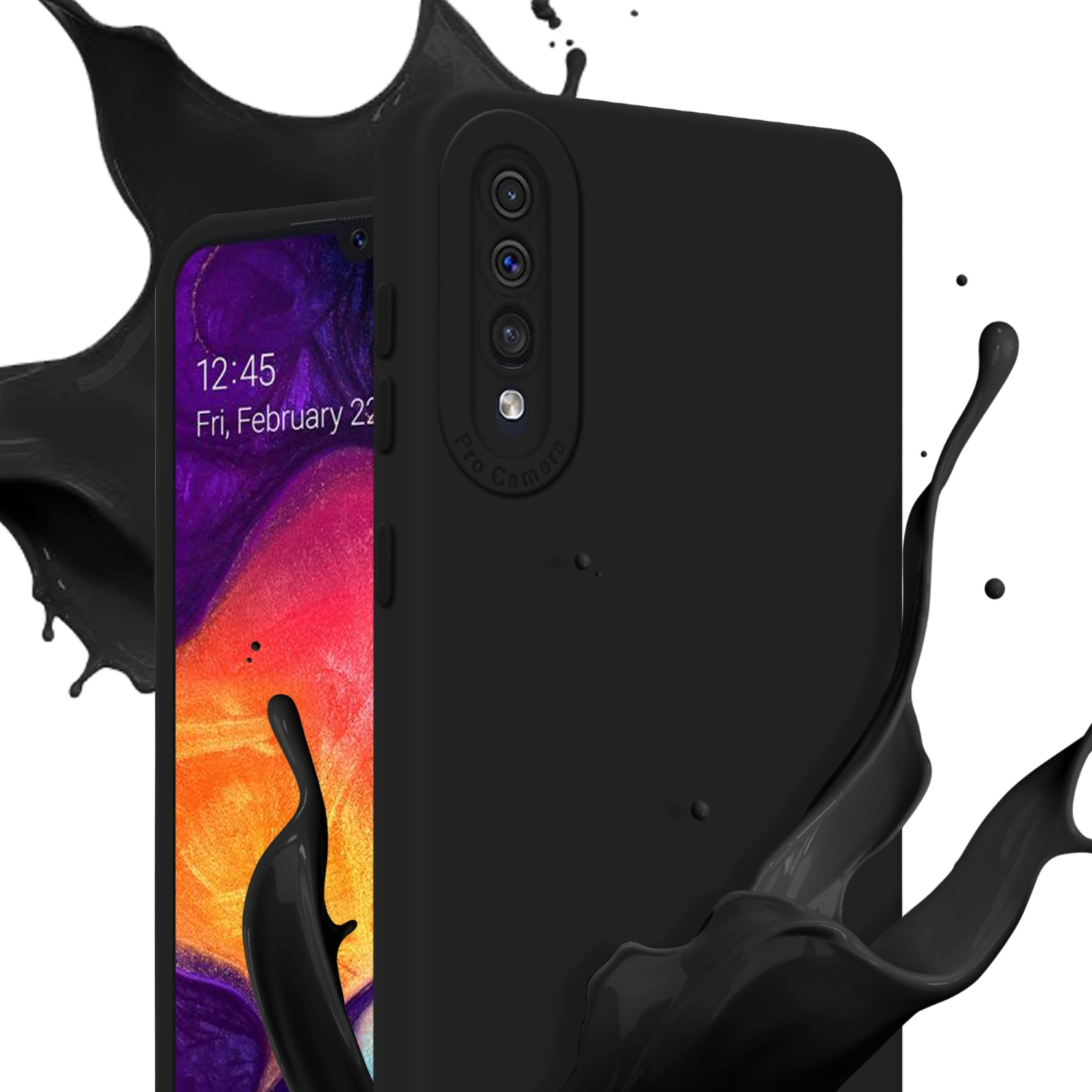 Coque noire avec écran de téléphone visible. Effet d'éclaboussure de peinture noire en fond.