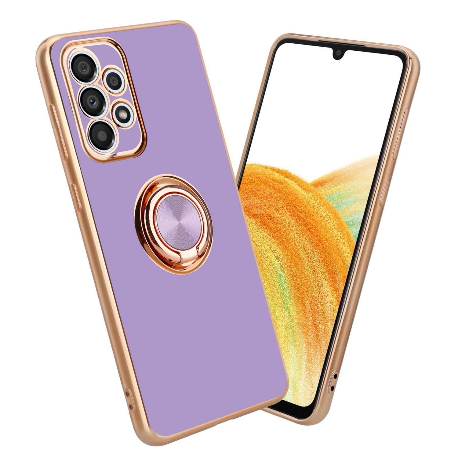 Custodia viola con anello dorato e schermo del telefono.