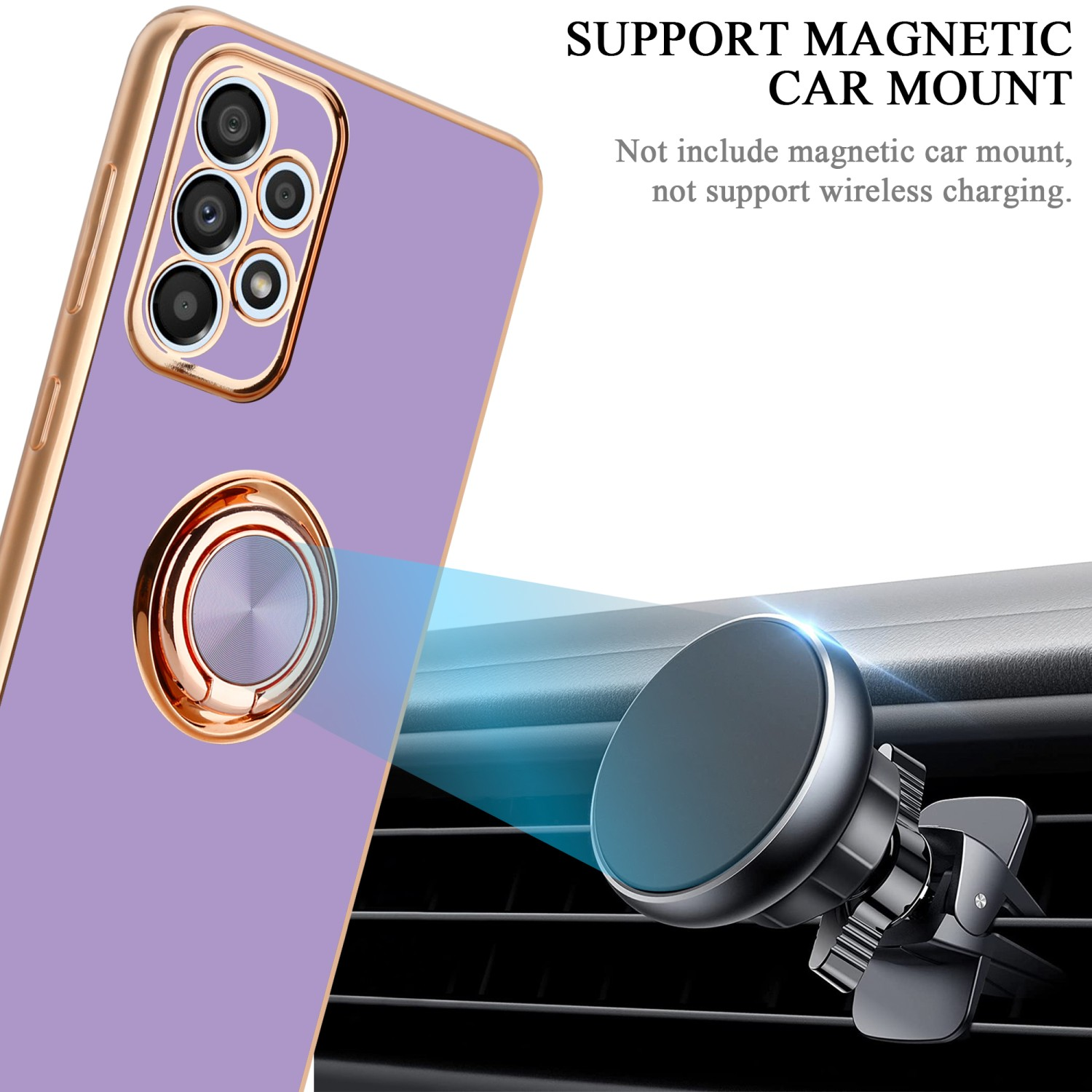 Custodia per telefono viola con finiture dorate, un telefono e un supporto per auto.