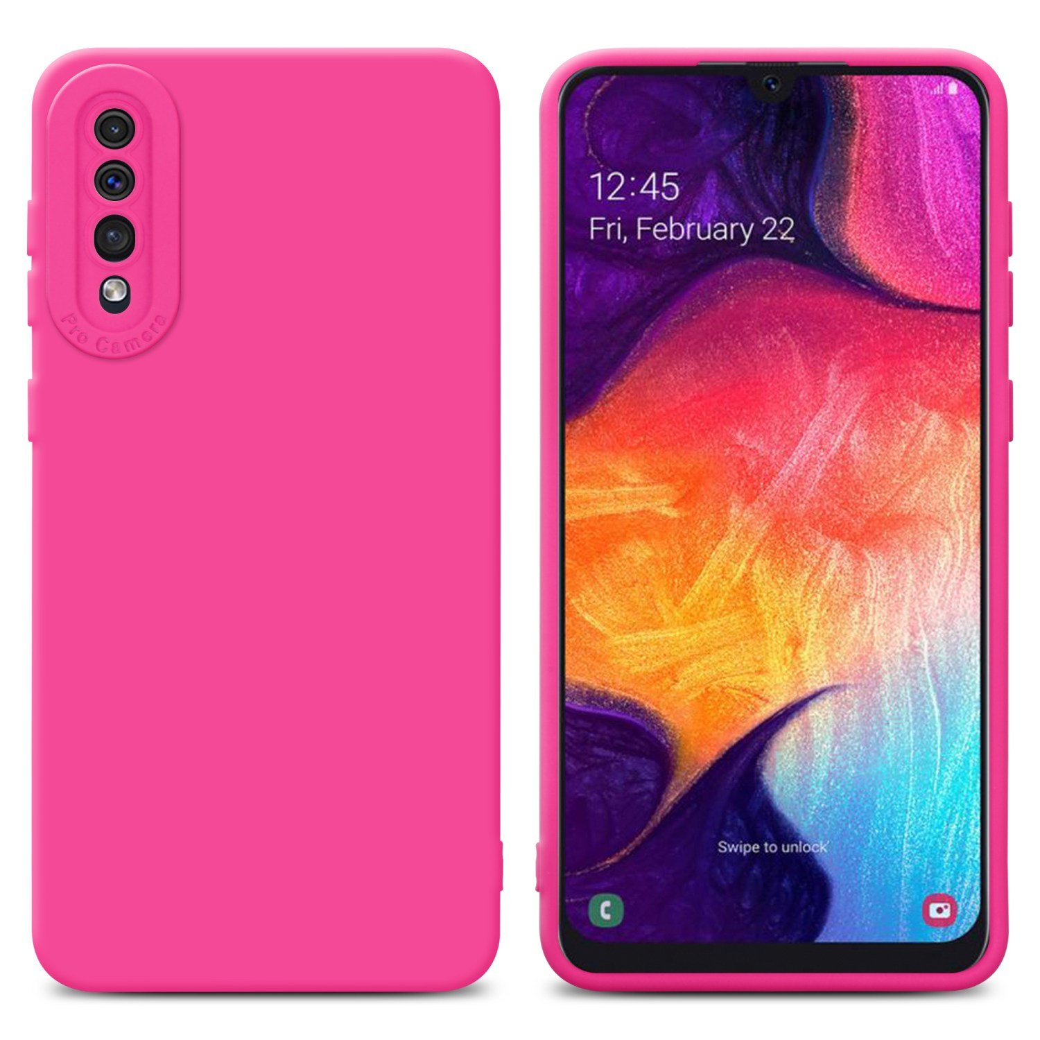 Pinke Handyhülle mit Kamera und Handy mit buntem Hintergrund und pinker Hülle.