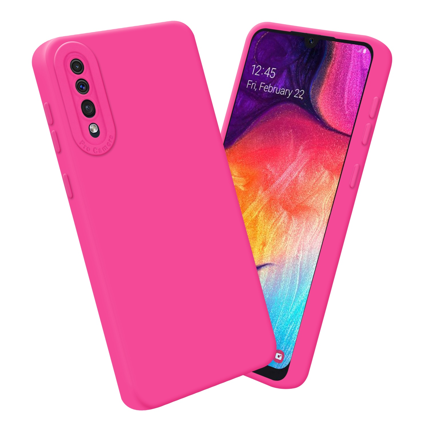 Eine rosa Handyhülle mit Telefon, das die Uhrzeit und Apps zeigt.