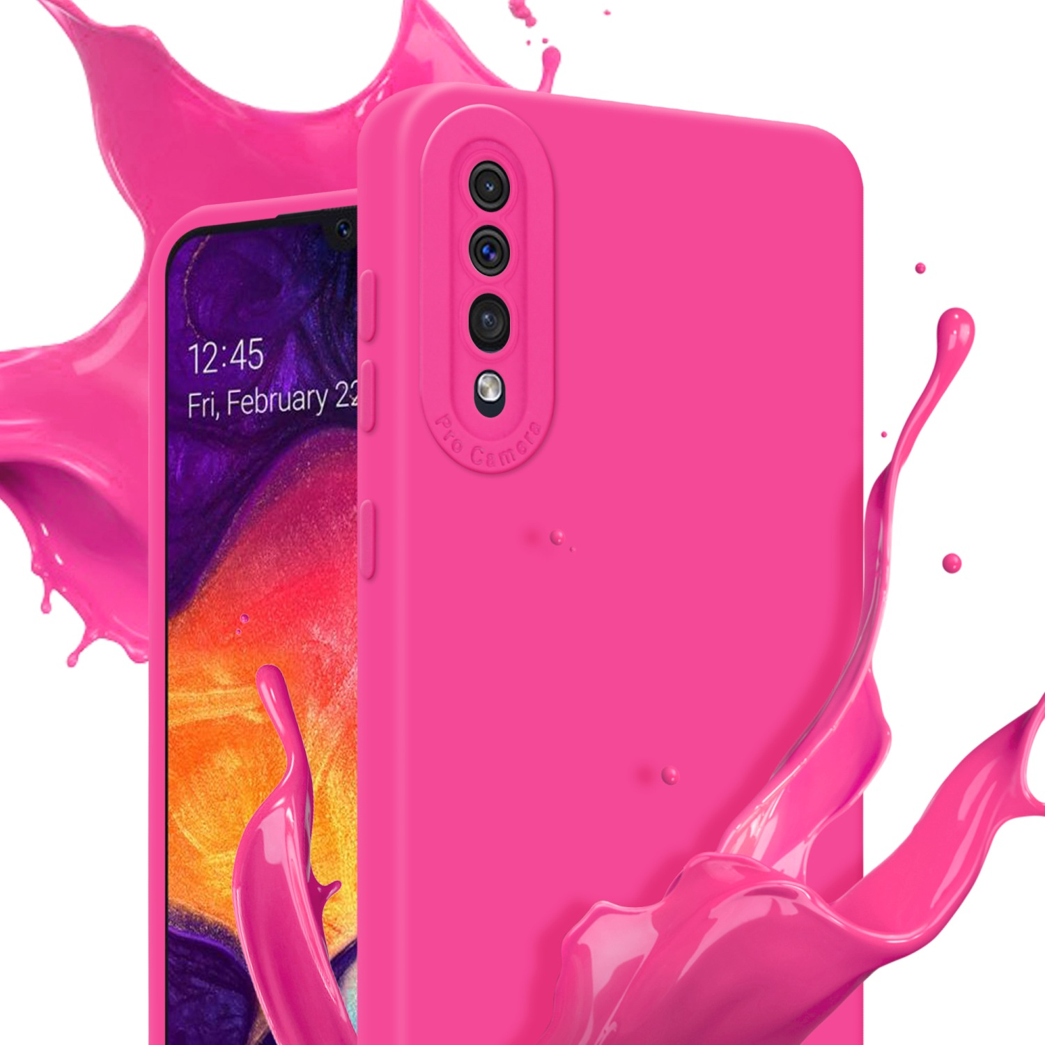Eine rosa Handyhülle mit einem Spritzer rosa Farbe, wobei eine Dreifach-Kamera sichtbar ist.