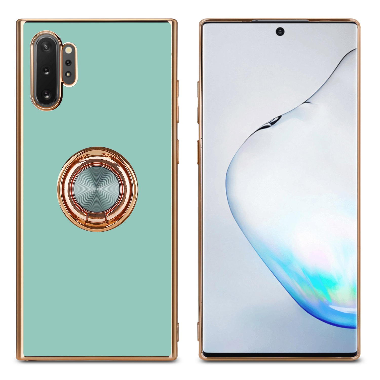 Zwei Telefone, eins grün mit Ringständer, eins mit Bildschirm an. Weißer Hintergrund.