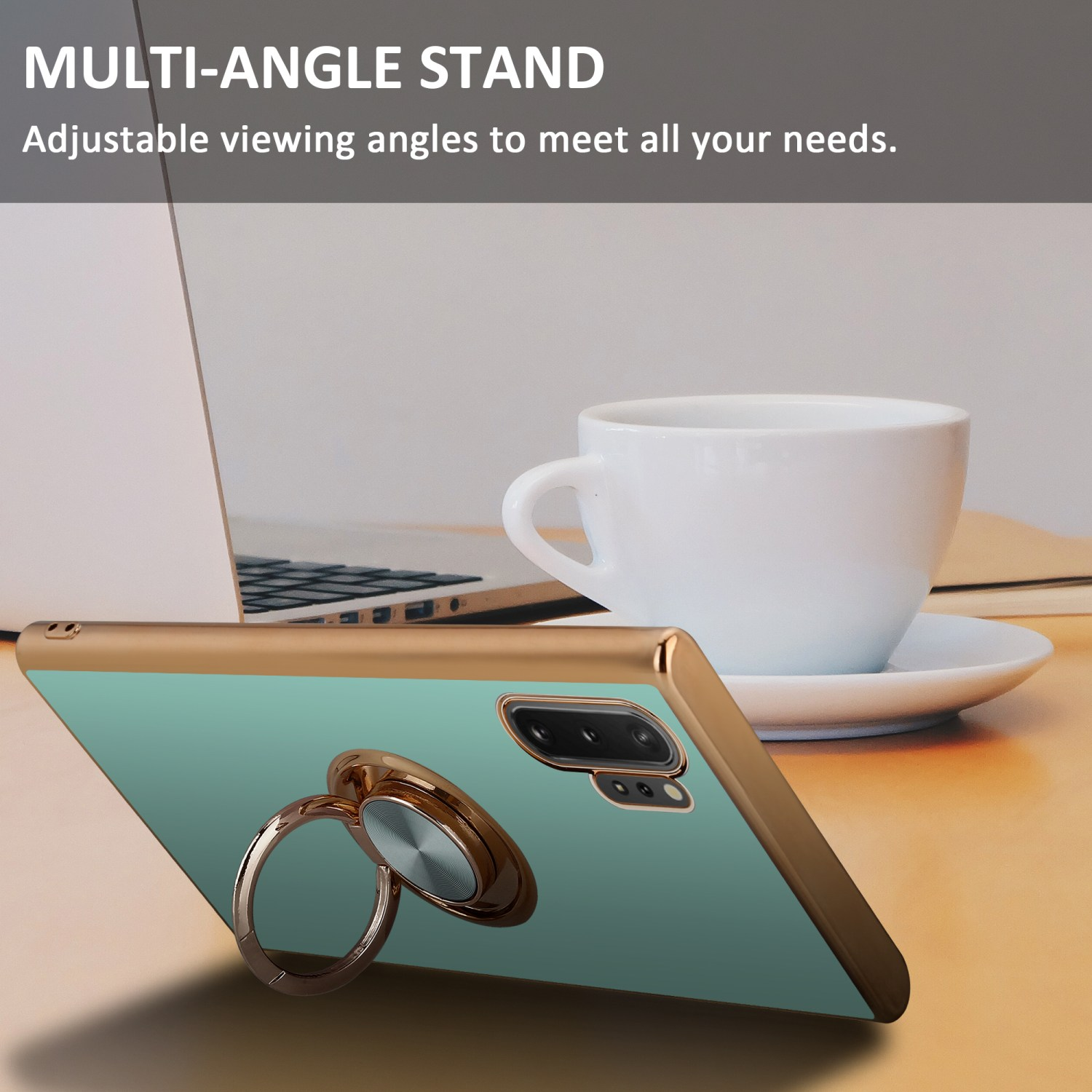 Handyhülle auf einem Tisch mit Laptop und Kaffeetasse.