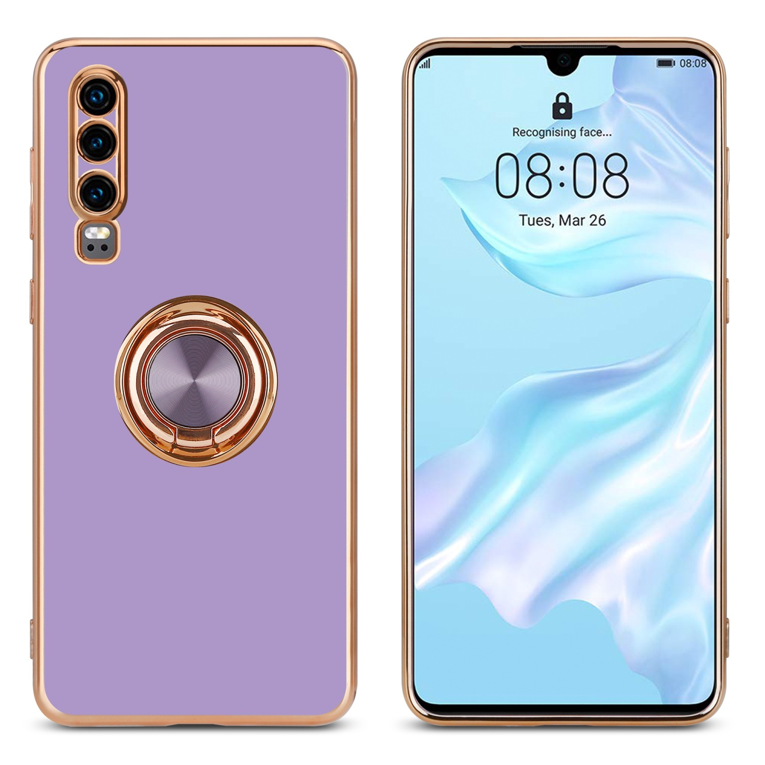 Ein Telefon in einer lila Hülle mit goldenem Ringhalter. Der Bildschirm zeigt eine Uhrzeit von 08:08.