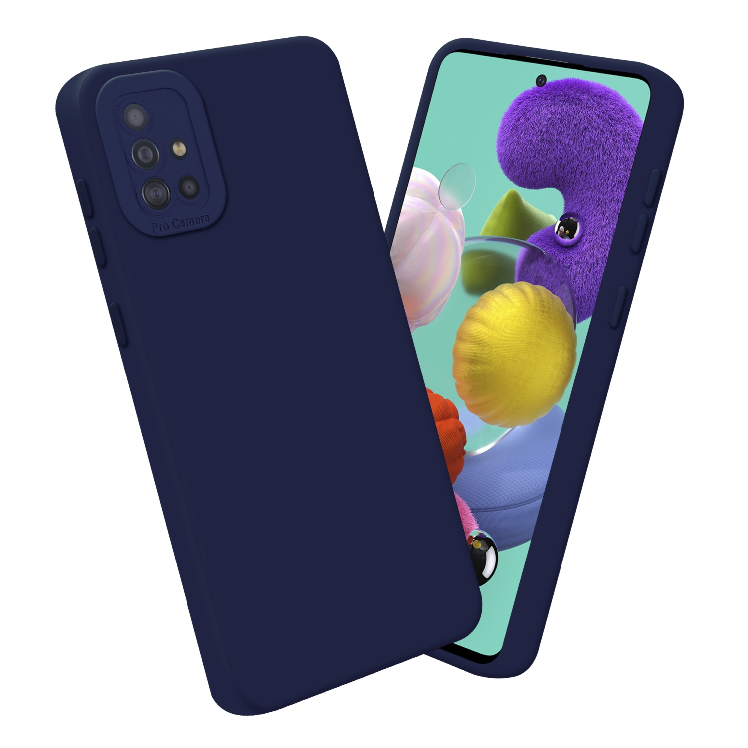 Marineblaue Handyhülle und ein Telefon, das einen Bildschirm mit einer lila fellartigen Textur zeigt.