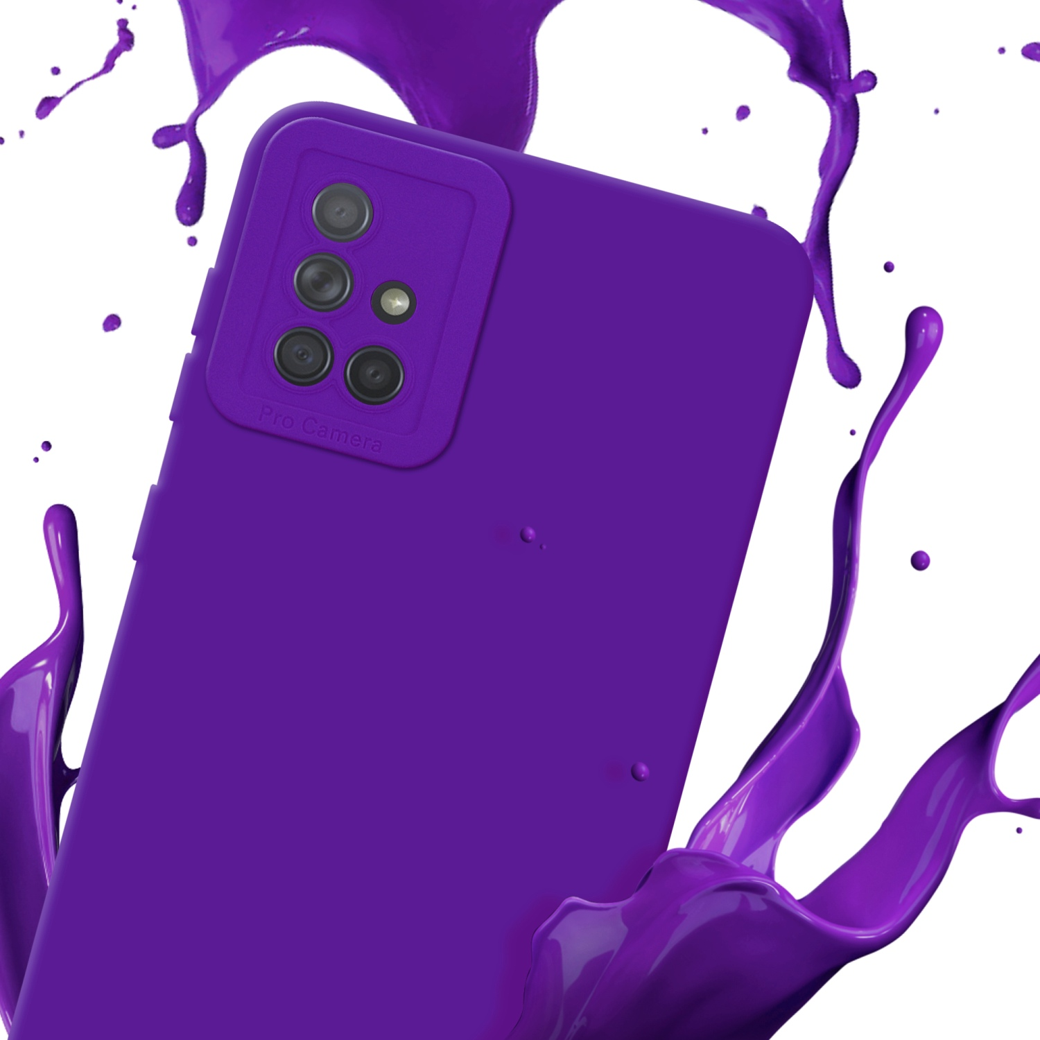 Coque violette avec objectifs multiples et éclaboussures de liquide violet.