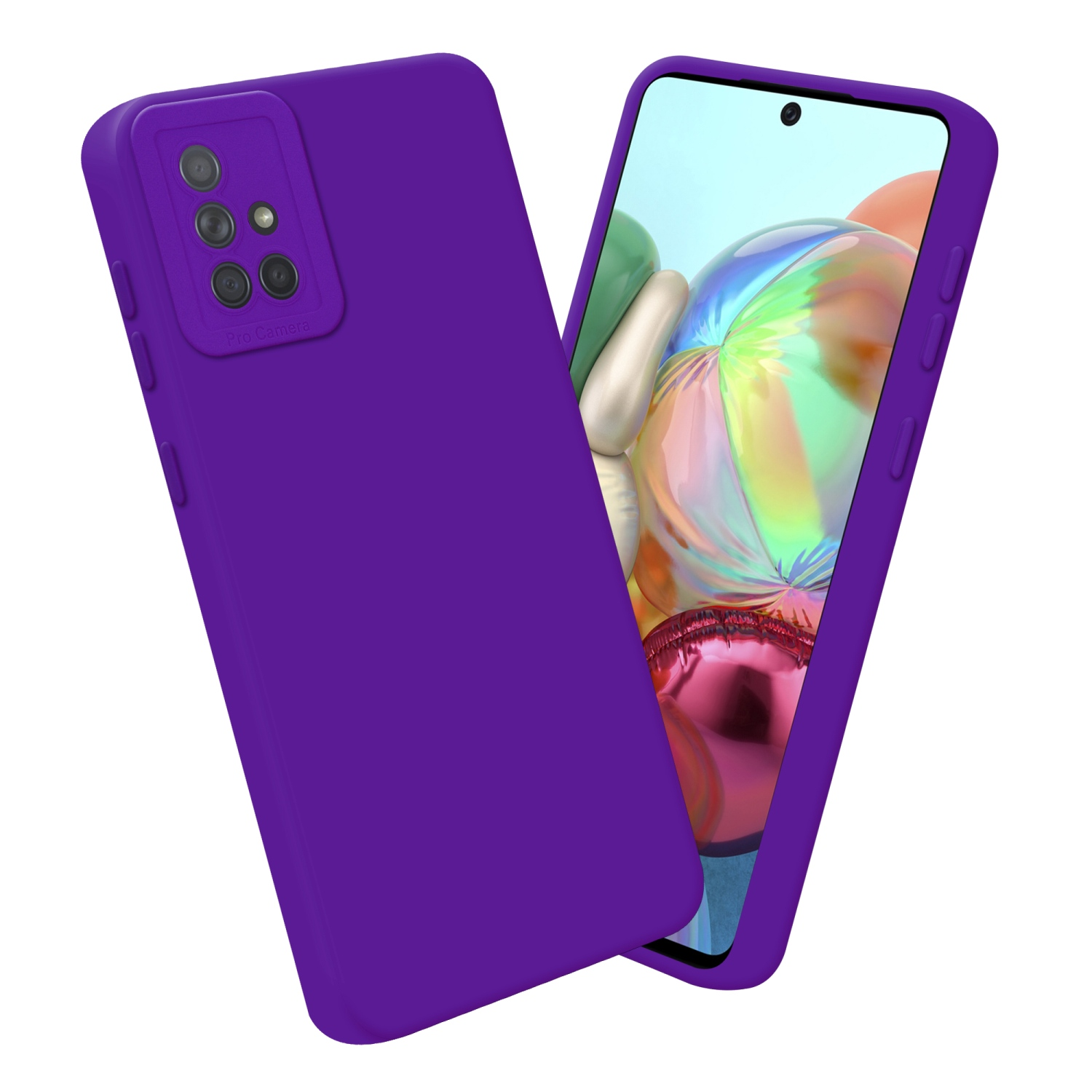 Coques de téléphone violettes, une avec le téléphone à l'intérieur, l'autre avec le module caméra visible.