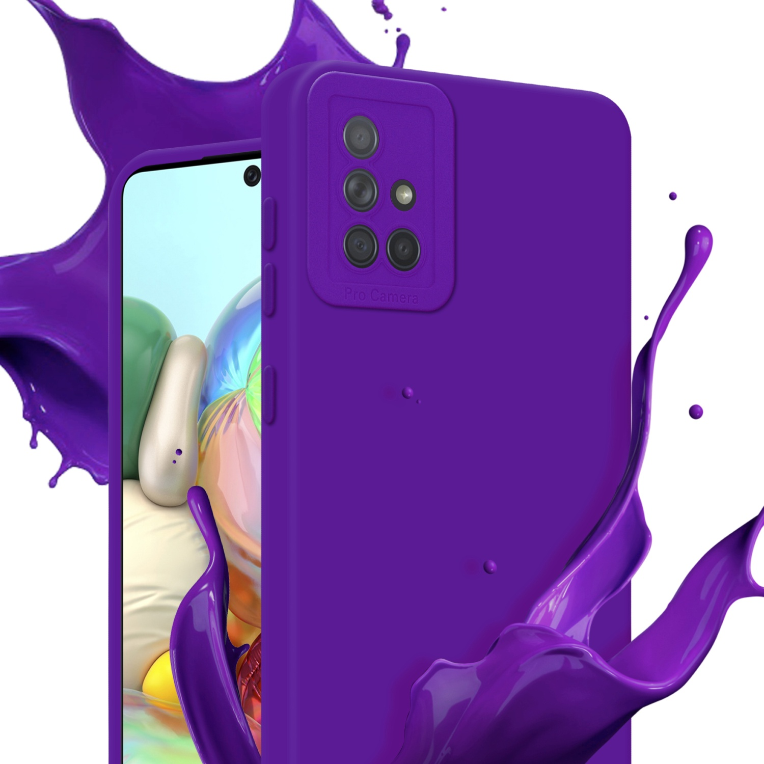 Coque de téléphone violette avec un téléphone à l'intérieur, entourée d'éclaboussures de peinture violette sur fond blanc.