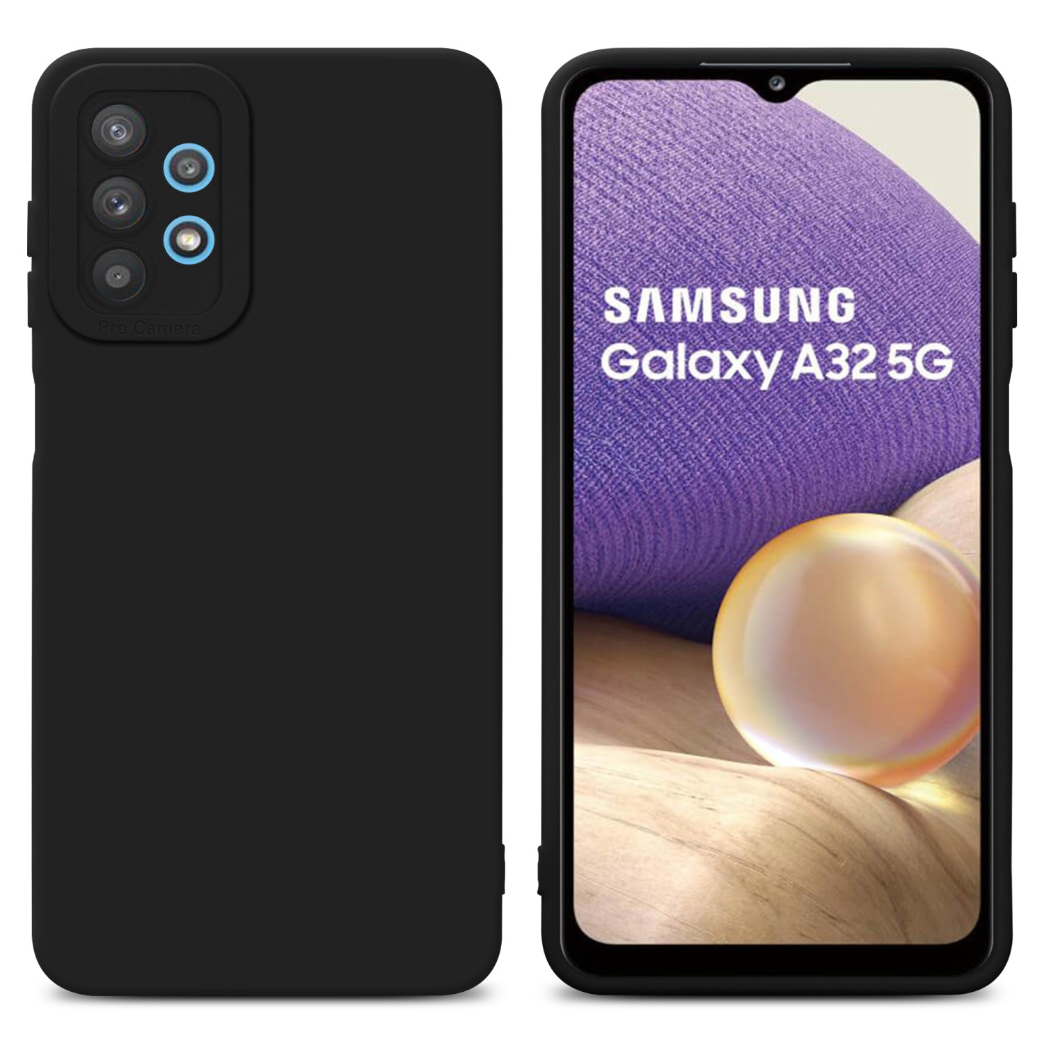 Due telefoni, uno con custodia nera e l'altro con schermo Samsung Galaxy A32 5G.